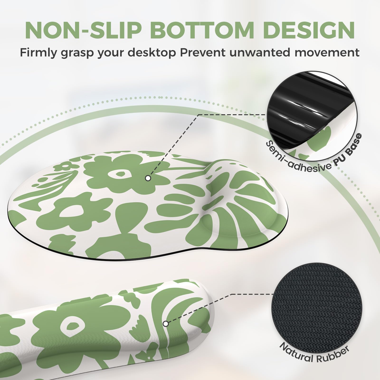 iCasso Tapis de Bureau 4 en 1 à Motif Floral avec Repose-Poignet, Tapis de Souris Ergonomique antidérapant XXL pour Ordinateur Grand Ordinateur avec Support de Poignet pour Clavier et Souris (Vert)