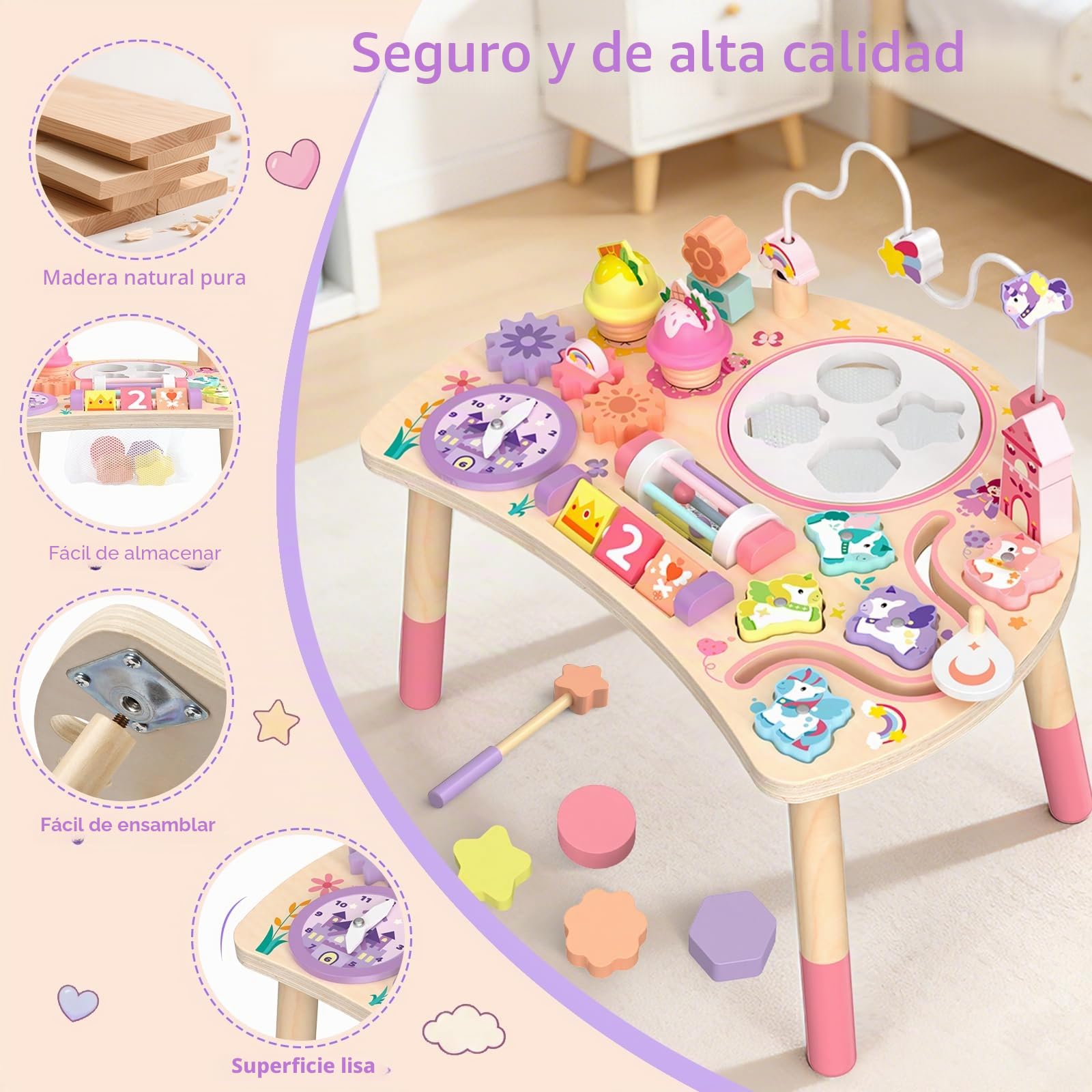 Mesa Actividades Montessori de Madera 10 en 1 Unicornio 18m+ | Agarrar, Clasificar, Girar y Escuchar Apoya la Motricidad Fina con Tareas Simples