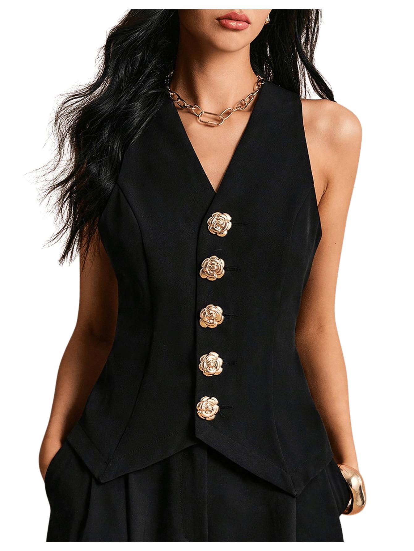 GORGLITTER Womens Metal Flower Blazer Vest Sleeveless V Neck Fashion Vests Top Business Casual Work Tops