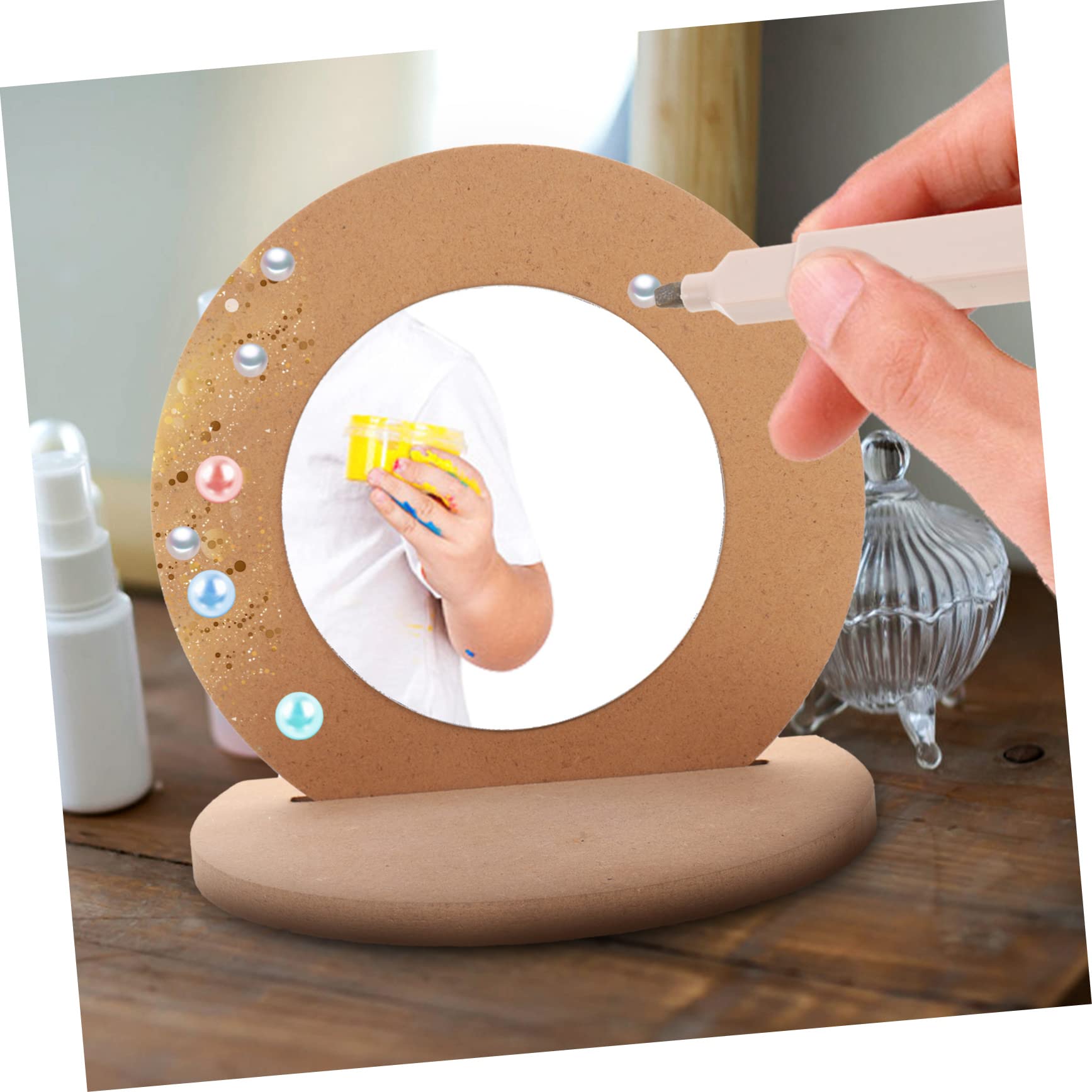 minkissy Unpainted Wooden Mirror DIY Clay Snowflake Decoration Round Tabletop Craft for Boys and Girls and Families