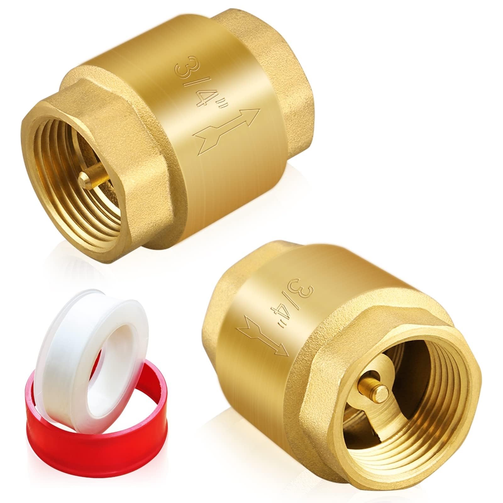 THE WHITE SHOP 2PCS 3/4 Inch NPT Thread Spring Check Valve DN20, Brass Non Return One Way Horizontal Check Valve, Vertical Inline Water Check Valve for Well, Pump, Tank, Backflow Prevention