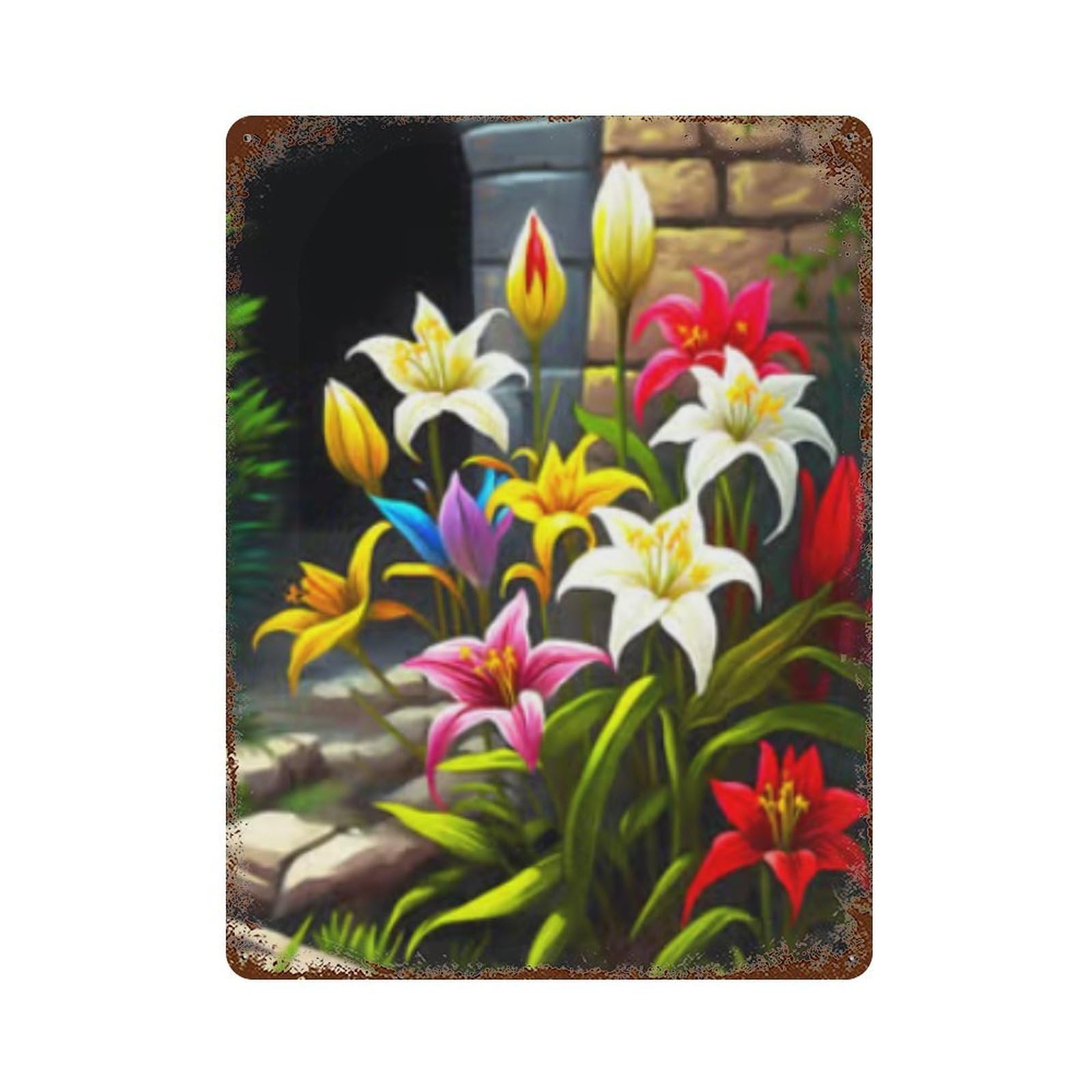 Colorful Lily Flowers Garden Rust Effect Tin Sign 15.7"x11.8", Retro Wall Decor for Pub, Kitchen And Man Cave Decor
