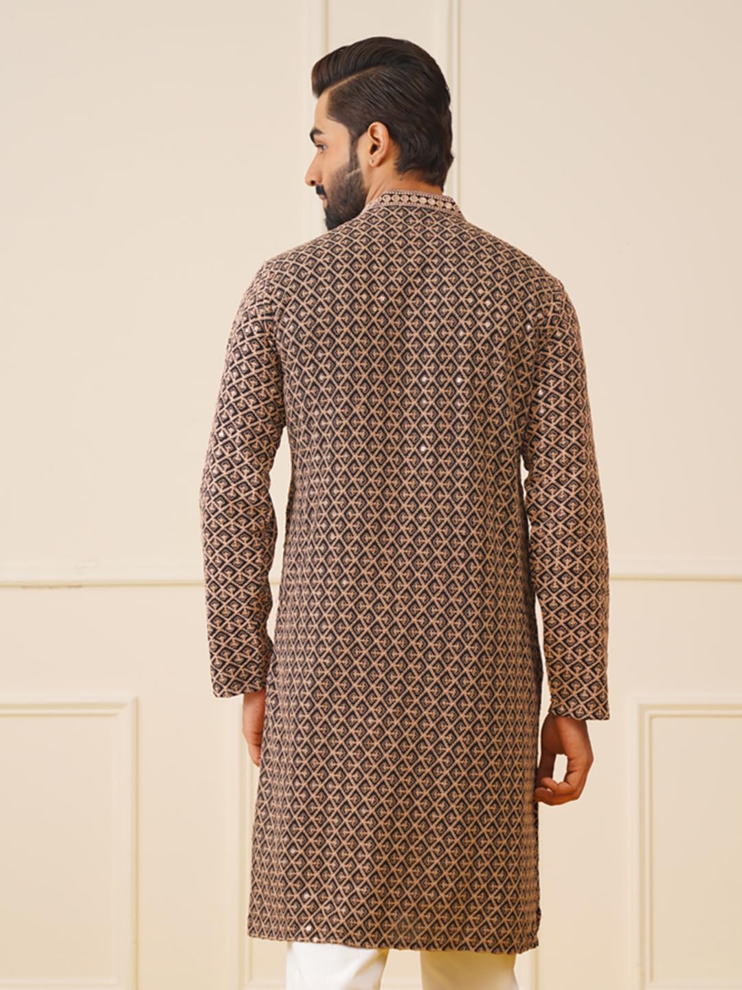 Jompers Men's Brown Sequin Embroidered Pure Cotton Kurtas. (Brown, M)