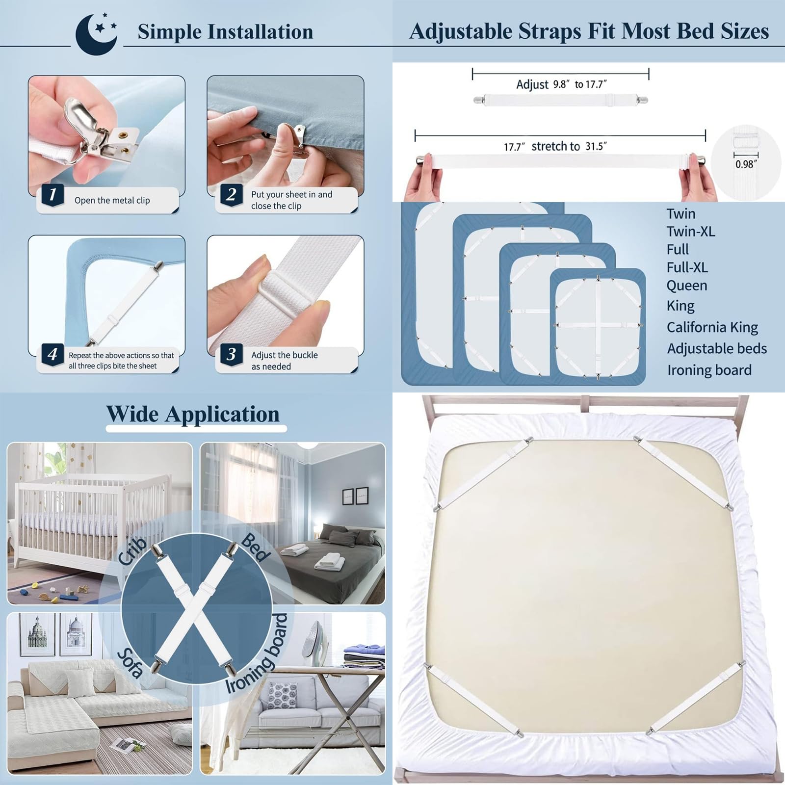 gifthub Pack of 8 Pcs Bed Sheet Fasteners,Adjustable Elastic Sheet Straps Heavy Duty Bed Sheet Grippers Suspenders for Mattresses Fitted Sheets Flat Sheets, White