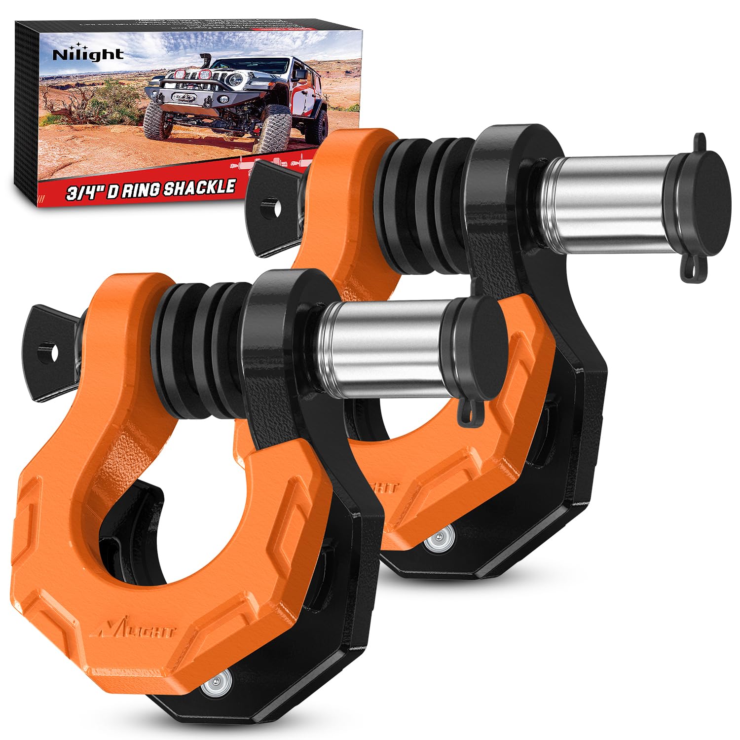 Nilight 2 Pack 3/4" D-Ring Separate Shackle 45,000 Lbs Break Strength | Includes 7/8" Lock Pin, Isolators and Washers Off Road Recovery, for Tow Strap Winch Truck Vehicle Black&amp;Orange