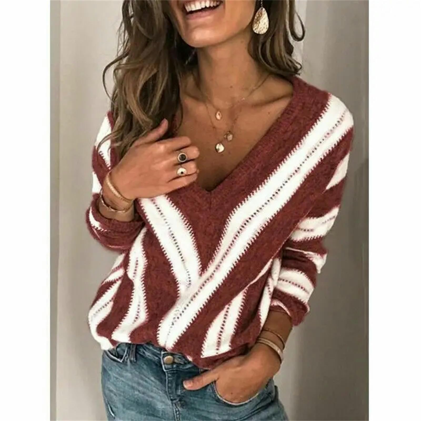 Sweter w paski patchworkowy sweter z dzianiny sweter z dekoltem w serek damski luźny codzienny ciepły sweter-szary-Xl