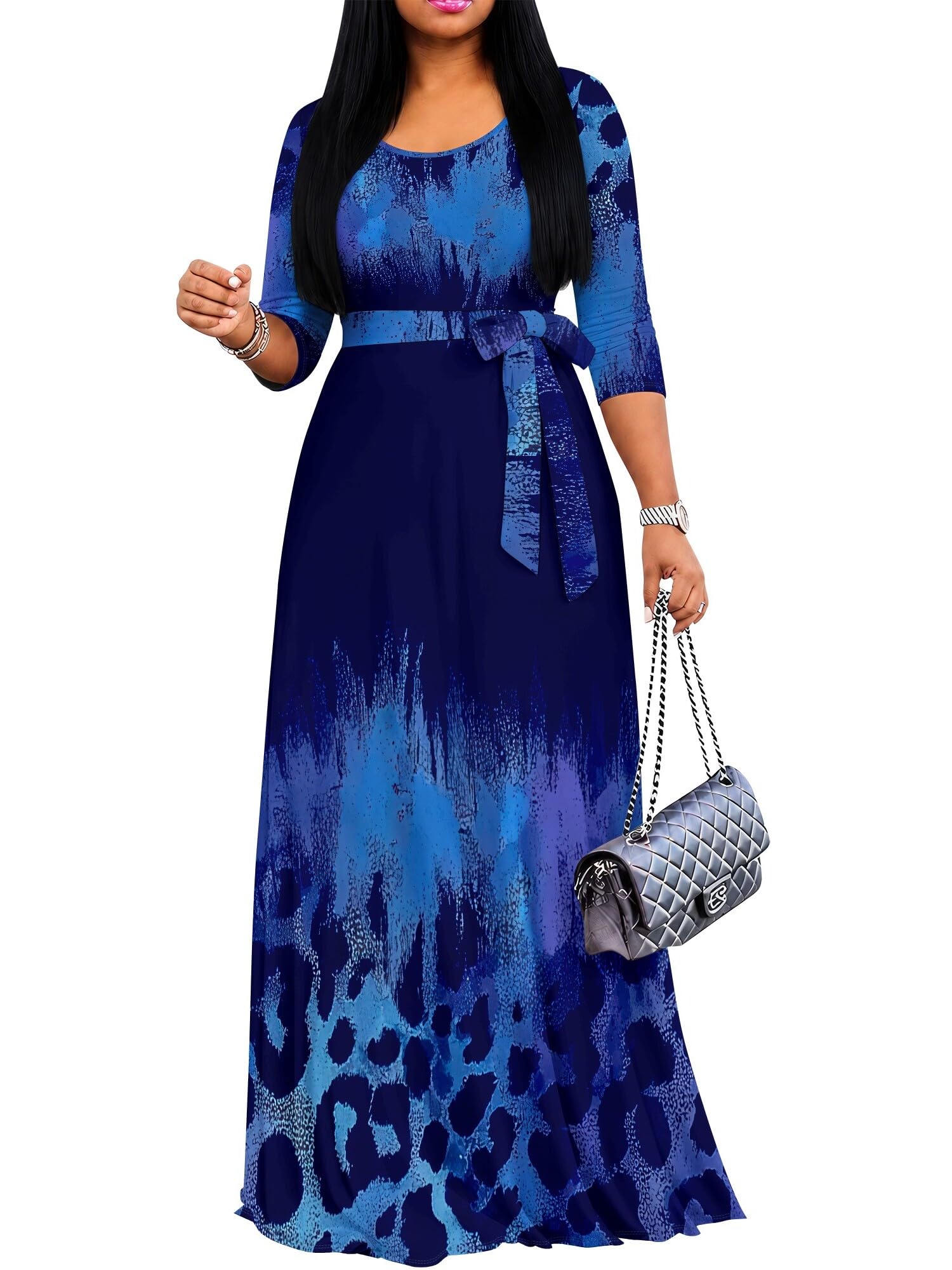 PinkPatty Women's Plus Size V Neck 3/4 Sleeve Boho Maxi Dress with Pockets | Boho printed maxi dress with pockets and tie waist for travel, vacations, weddings, church, parties, and daily wear