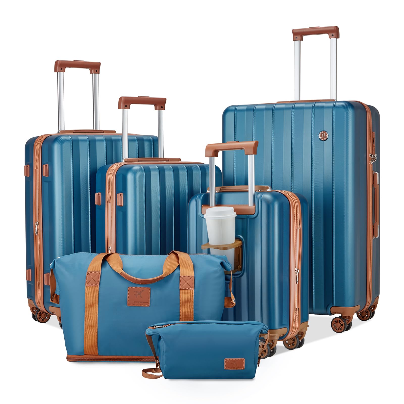 Joyway Valigia Set di valigie a mano 4 pezzi, valigia da viaggio a guscio duro con porta USB e portabicchieri, 4 ruote TSA lock La valigia, Blu Marrone
