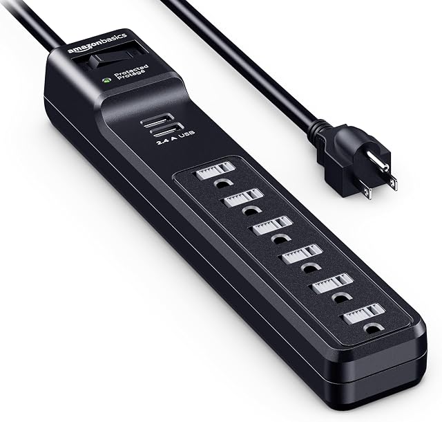 Amazon Basics 6-Outlet Surge Protector Power Strip with 2 USB Ports - 1000 Joule, Black