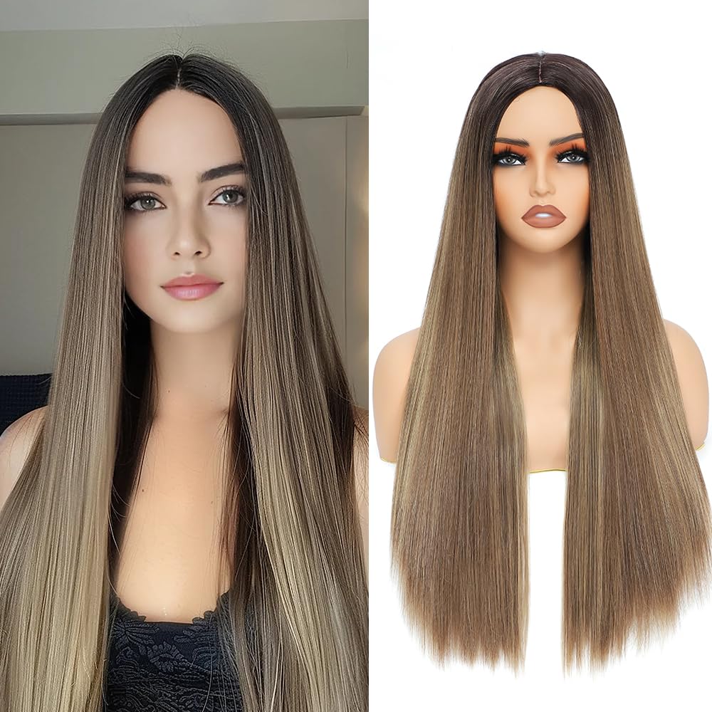 X-TRESS Ombre Brown Yaki Straight Fashion Wig Middle Part Wigs for Women 28 Inch Long Straight For Christmas Gift Party Wig
