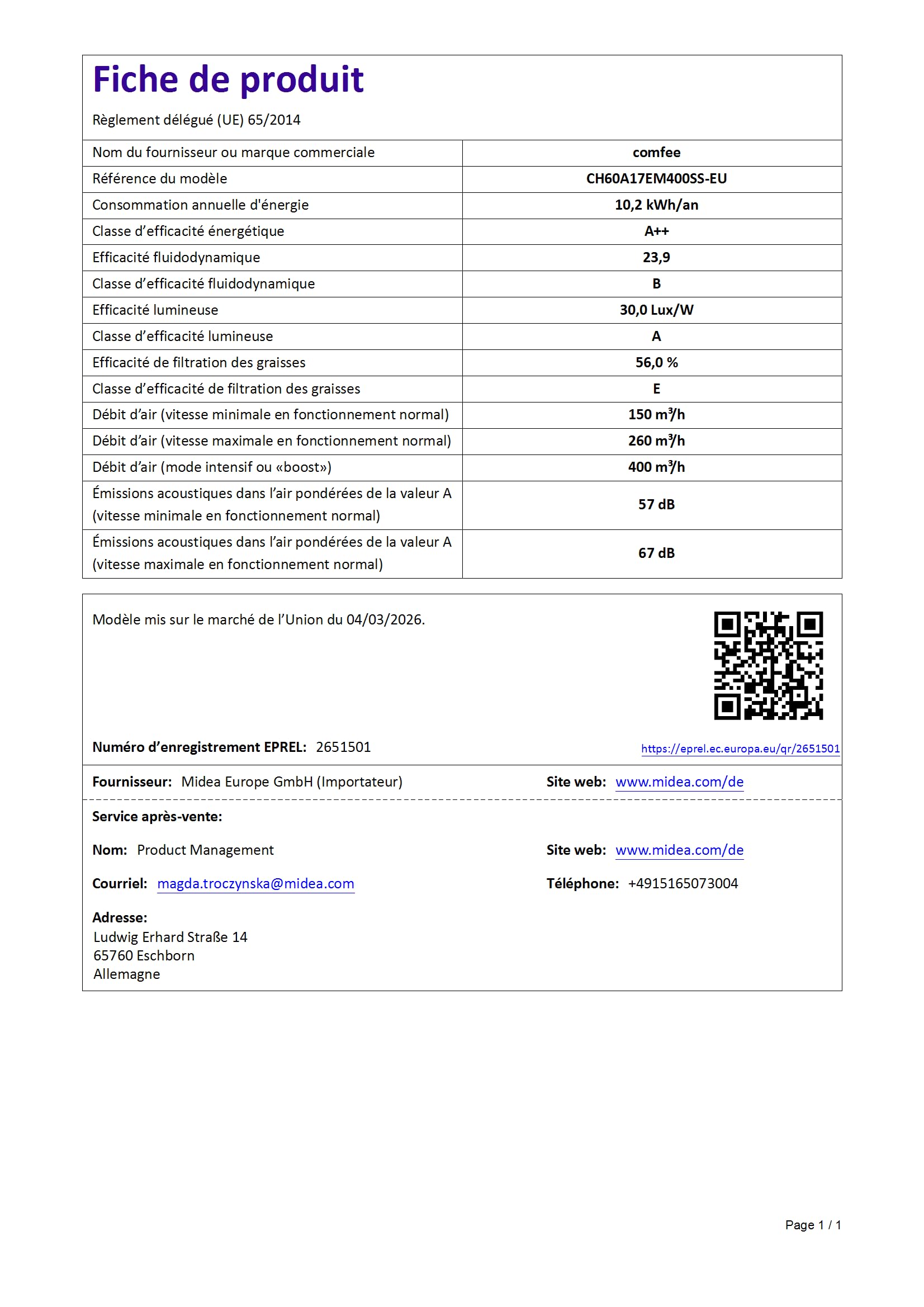 COMFEE' CH60A17EM400SS-EU A++ Hotte Aspirante 60 cm à Recirculation et Évacuation d'air avec Filtre à Charbon Actif, Débit d'air de 400 m³/h, Filtre à Graisse Lavable, Cheminée Réglable, Argenté