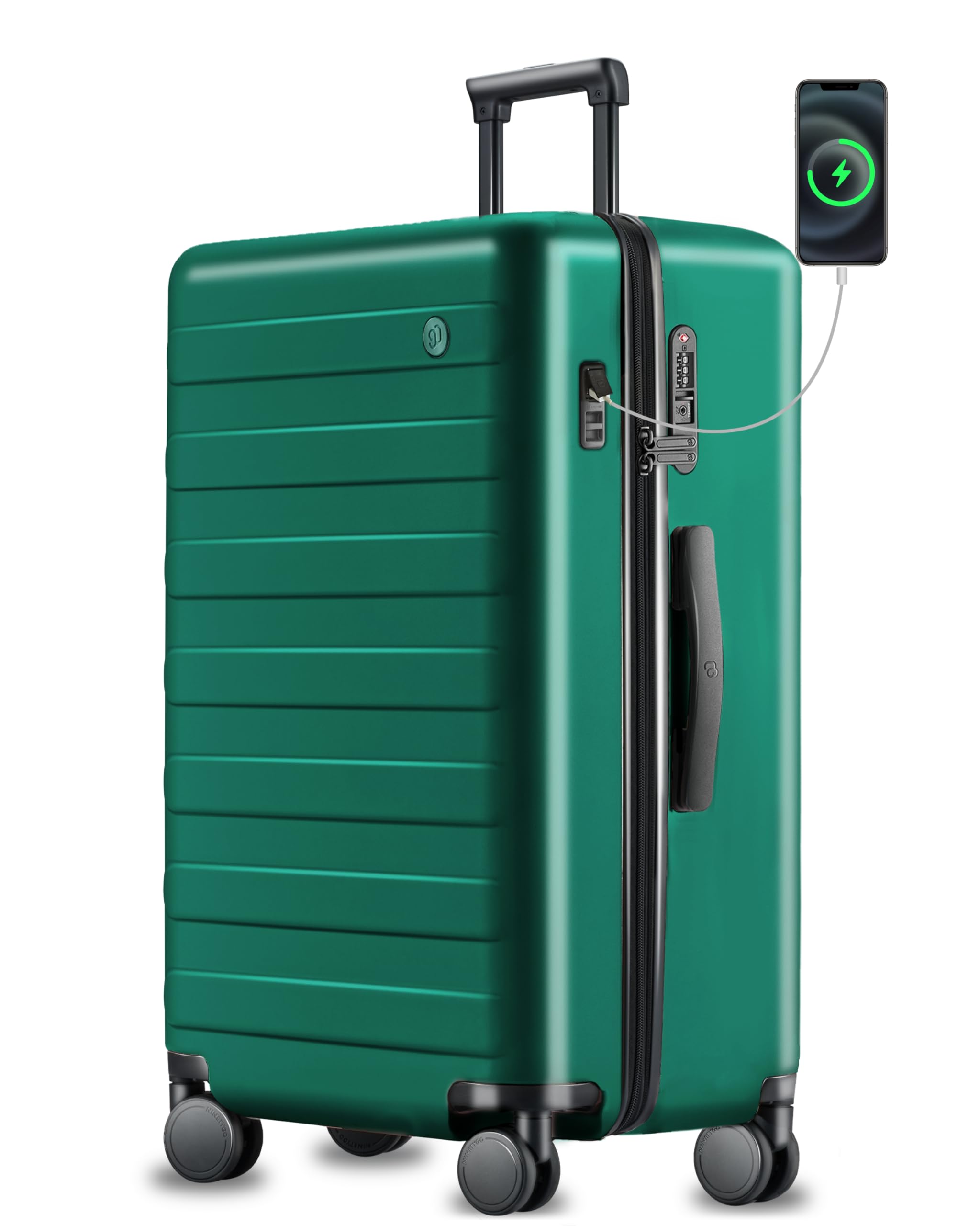 NINETYGO29 Inch Large Luggage, Trunk Suitcase with USB Charging Port, Hardside Checked Extra Large Luggage Bag with Spinner Wheels for Travel (105L, Emerald Green, Rhine Pro Plus)