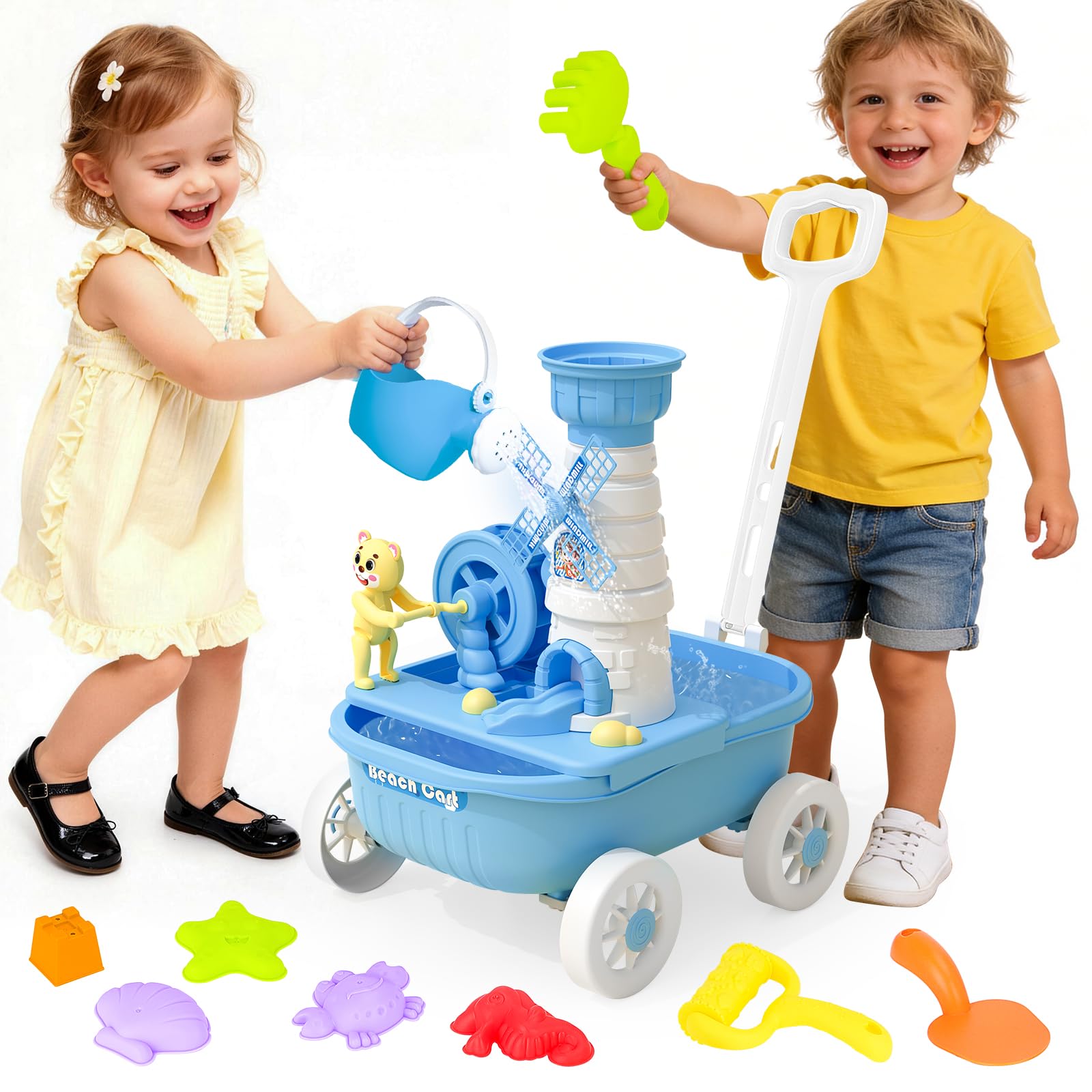 deAO Carretilla de Juguete para Niños, Set de Playa y Jardinería 21 Piezas - Incluye Carretilla, Rastrillo, Pala, Regadera, Molde de Agua y Moldes de Arena - Juguete Exterior para Niños 3 4 5 6 7 Años