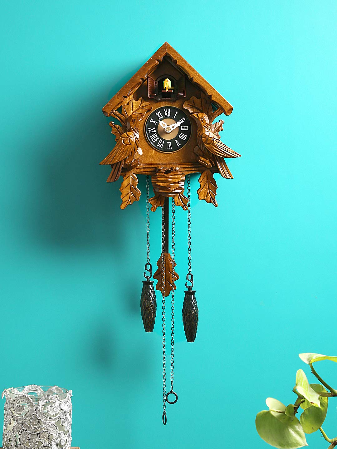 HORO (Imported Brown Wooden Cuckoo Clock with Single Bird and Pendulum Hut Shape No Sound Between 10pm to 5am/Volume Control, Sound On-Off Switch 25x19x13cms (H/9.8" Inch)