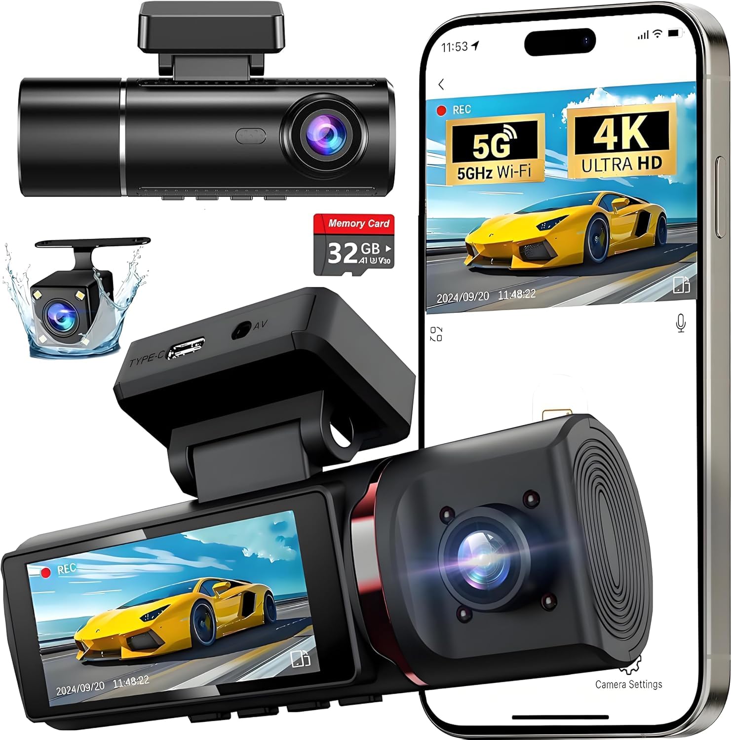 3 Channel 4K WiFi Dash Cam, 4K+1080P+1080P Front Inside and Rear, Triple Dash Camera with 32GB Card, APP Control, G-Sensor, 24 Hours Parking Mode, Loop Recording, Night Vision-image-47