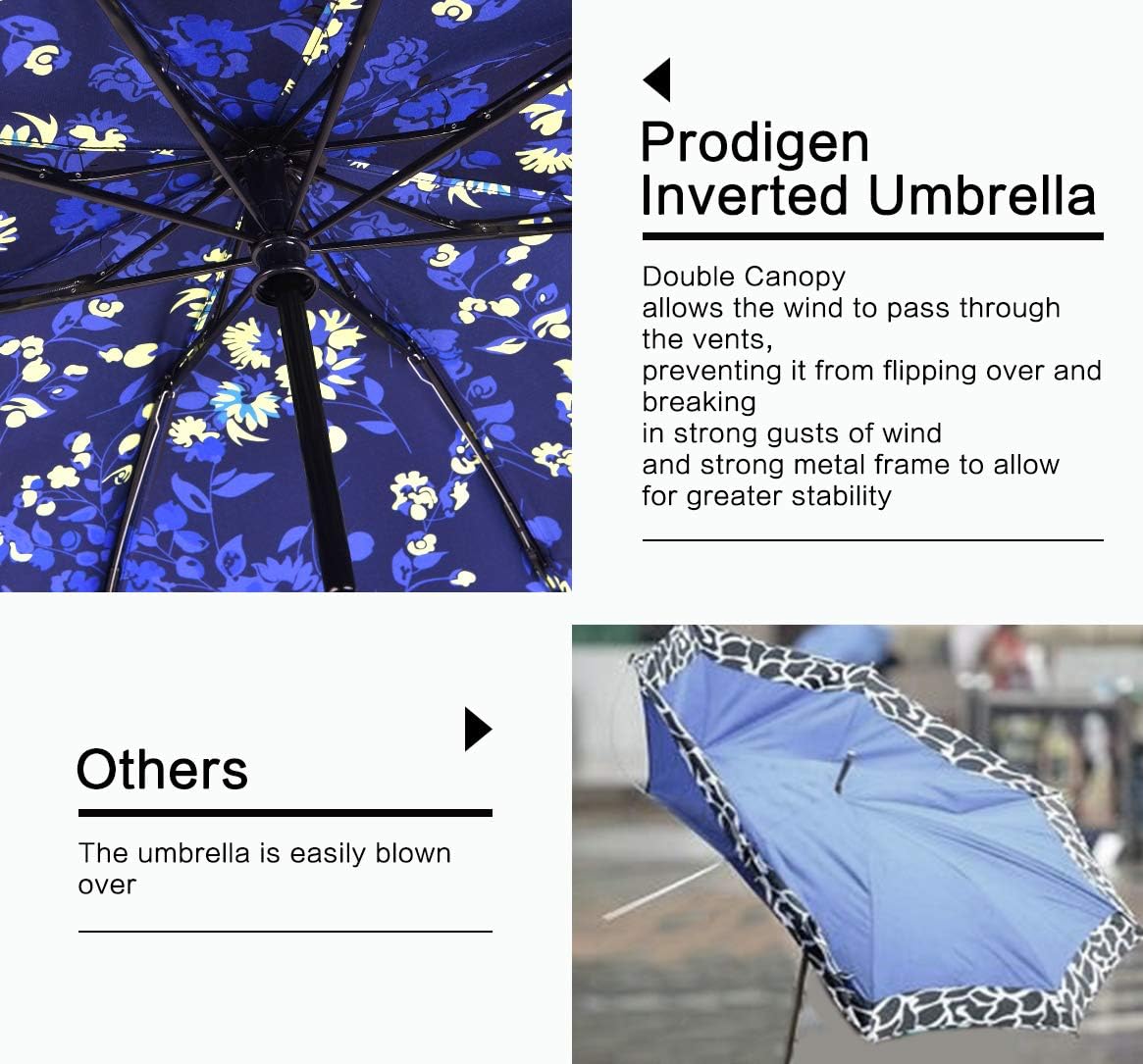 Prodigen Inverted Folding Umbrella Travel Umbrella Windproof Compact Umbrella Inside Out Umbrella Reversible Reverse Umbrella Automatic Open and Close Windproof Umbrella for Woman & Man UV Sun & Rain