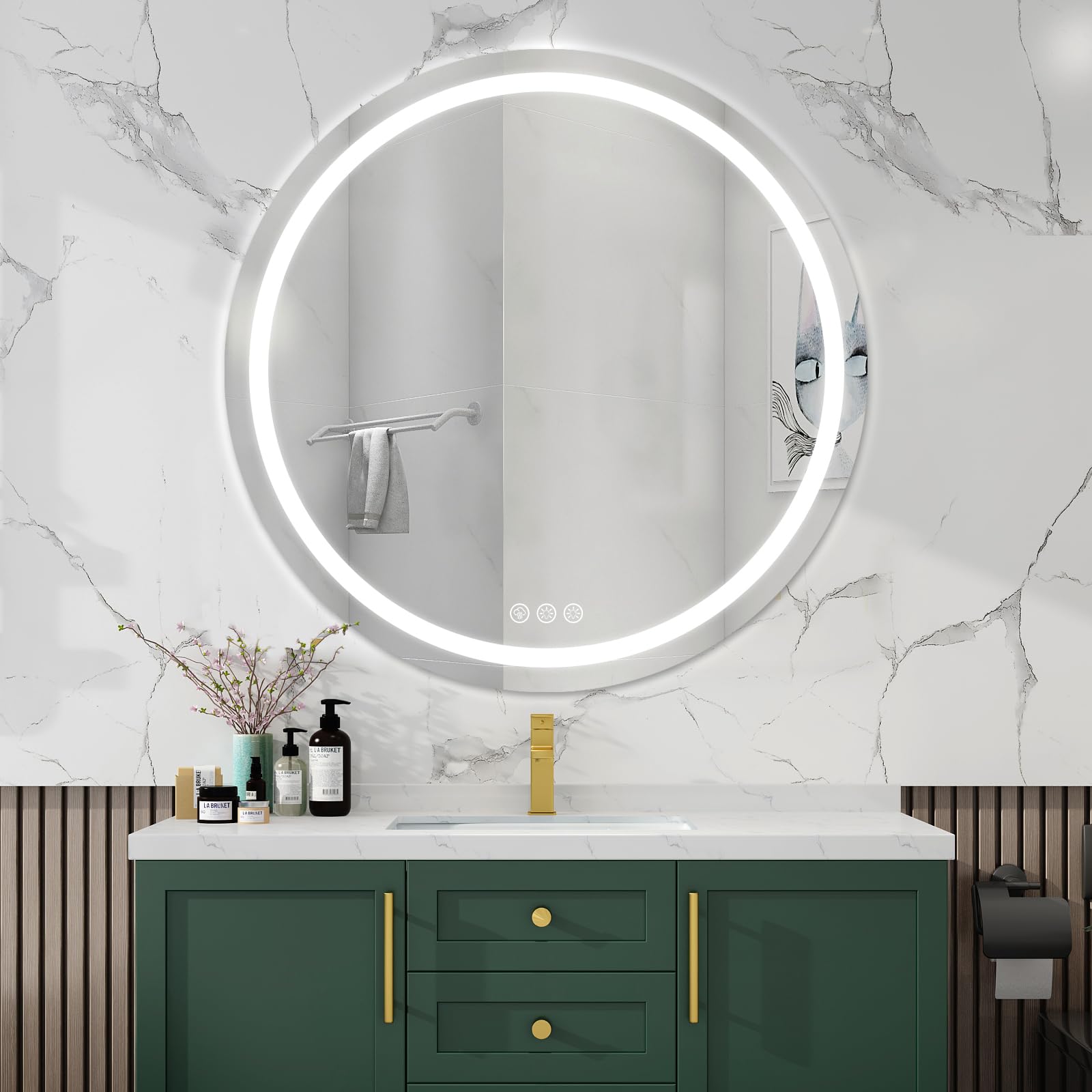 80cm Specchio Bagno Rotondo con Luce LED， Rotondo Specchio da Parete Antideflagrante con Luminosità Regolabile，3 Colori Luce， IP44 impermeabile, vetro temperato