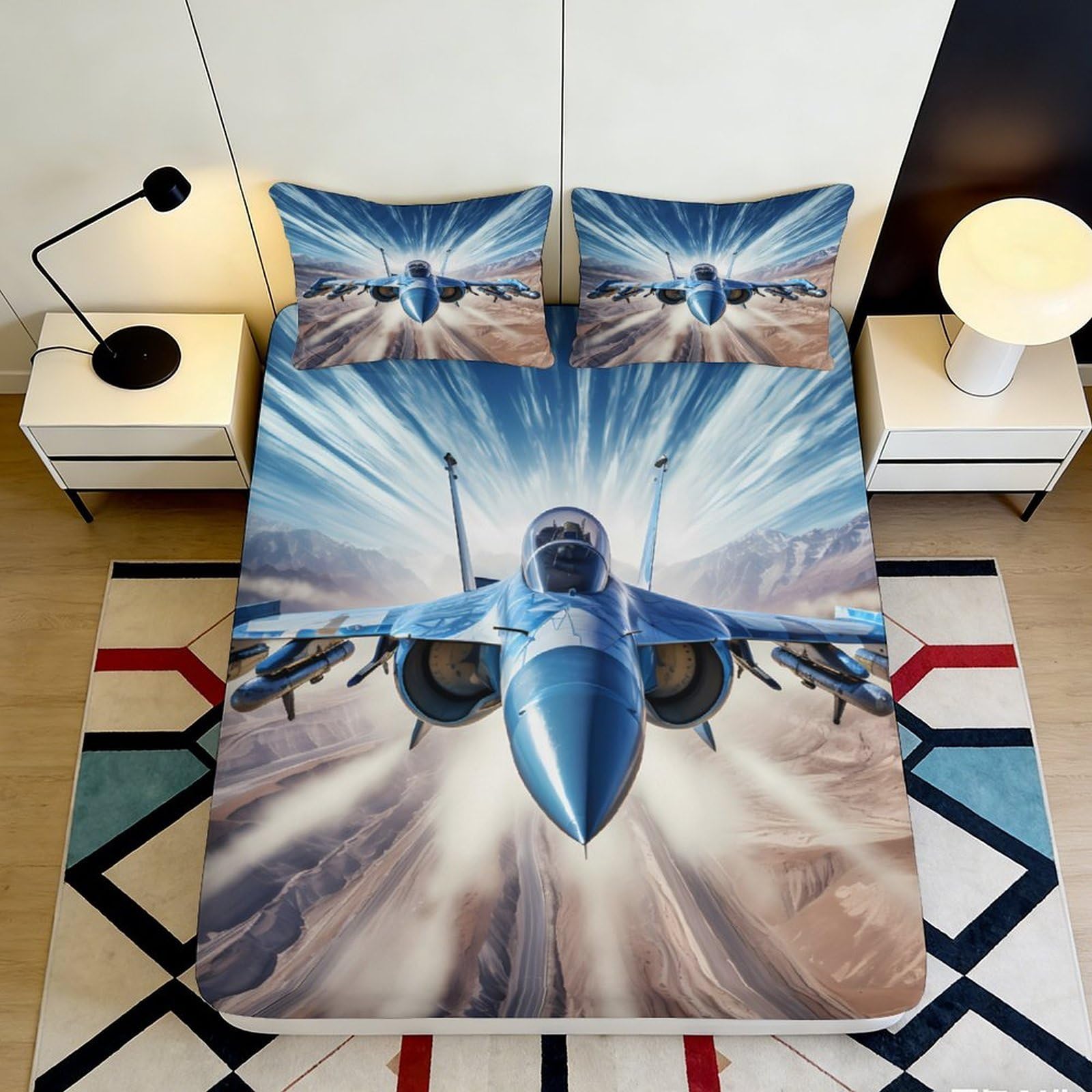 3D Printed Fighter Jet Fitted Sheet Microfiber Soft Breathable Blue Sky Mattress Cover for Bedroom Dorm Decor 90x200x25cm