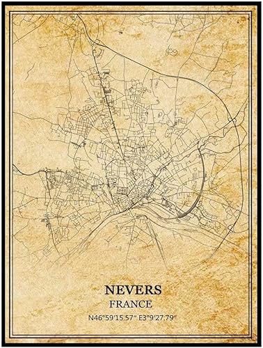 TANOKCRS Nevers France - Póster de mapa vintage, arte de pared, diseño de mapa de carretera de la ciudad, regalo de recuerdo de viaje, decoración