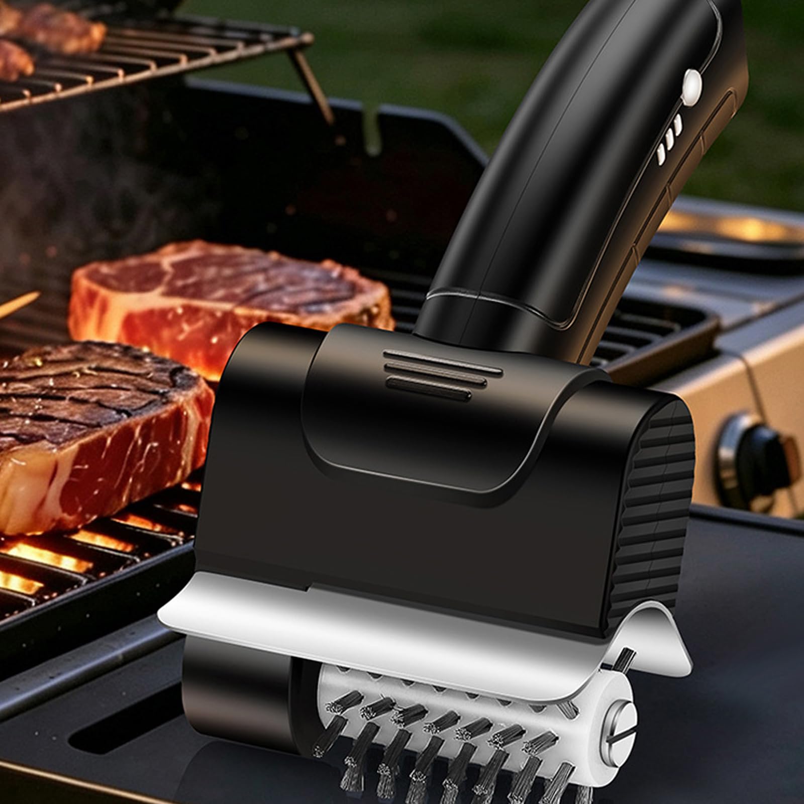 Spazzola per griglia con corpo compatto da 20 cm, rullo con setole metalliche e display leggero, per la cura della griglia del barbecue dopo la cottura all'aperto, spazzola rotante con rullo rotante