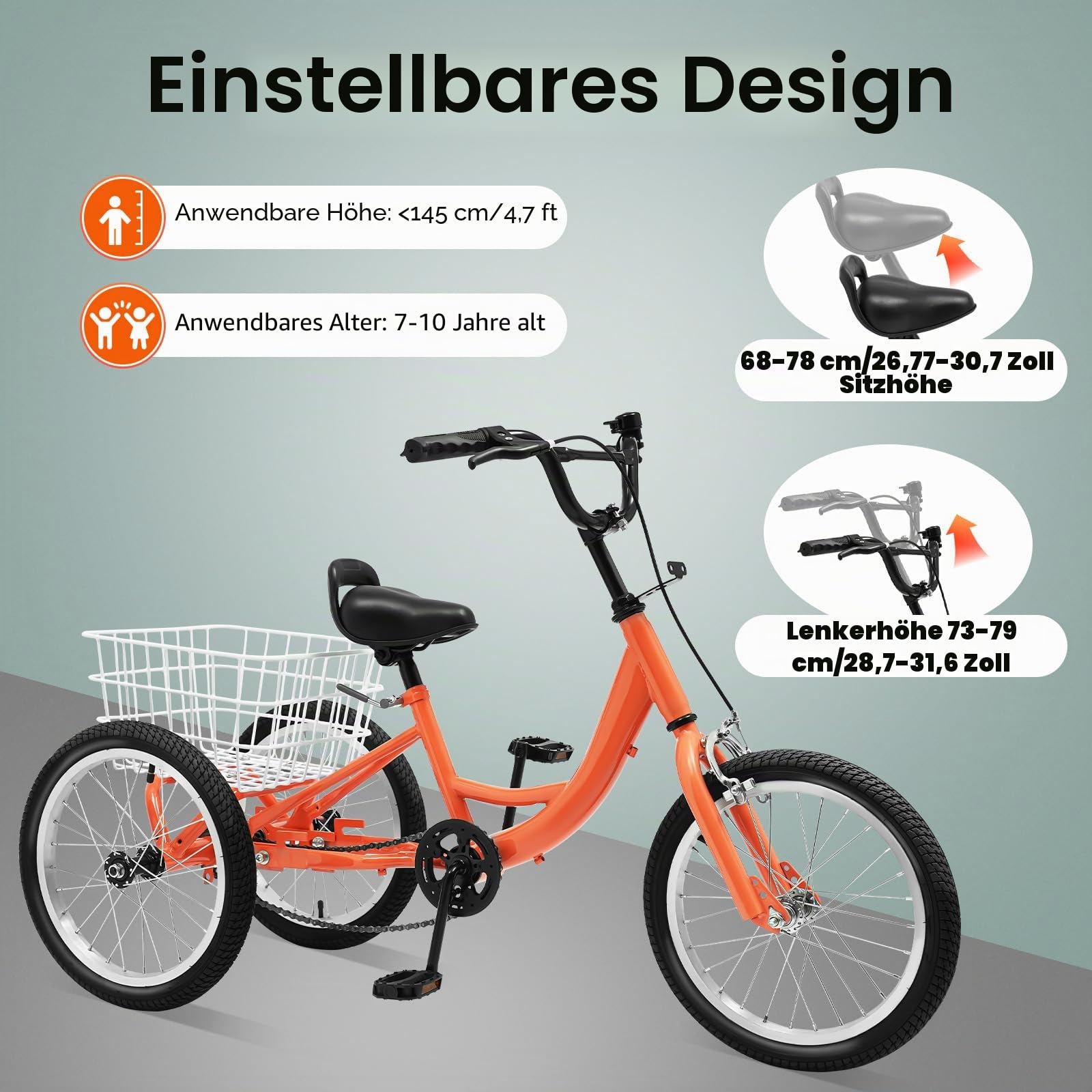 16-Zoll-Kinder-Dreirad, Single-Speed-Dreirad mit Einkaufskorb, Tragkraft 110 lbs, Lastenfahrrad, Klemmbremse, Für Ausflüge, Einkäufe Oder Camping, Hellorange
