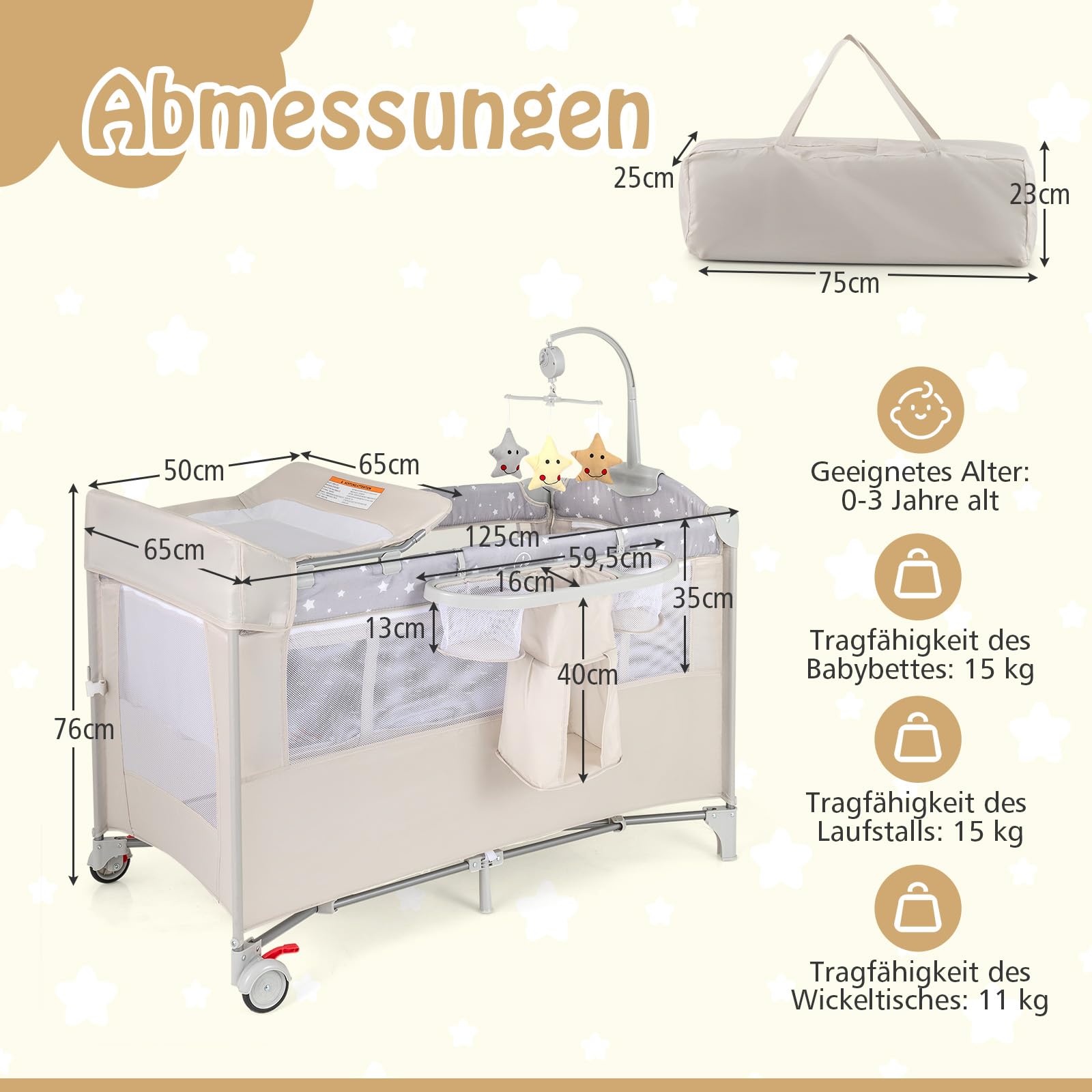 DREAMADE 4 in 1 Reisebett mit Matratze 120x60cm Beistellbett Baby mit Rollen Klappbar Wickeltisch Laufgitter Beige