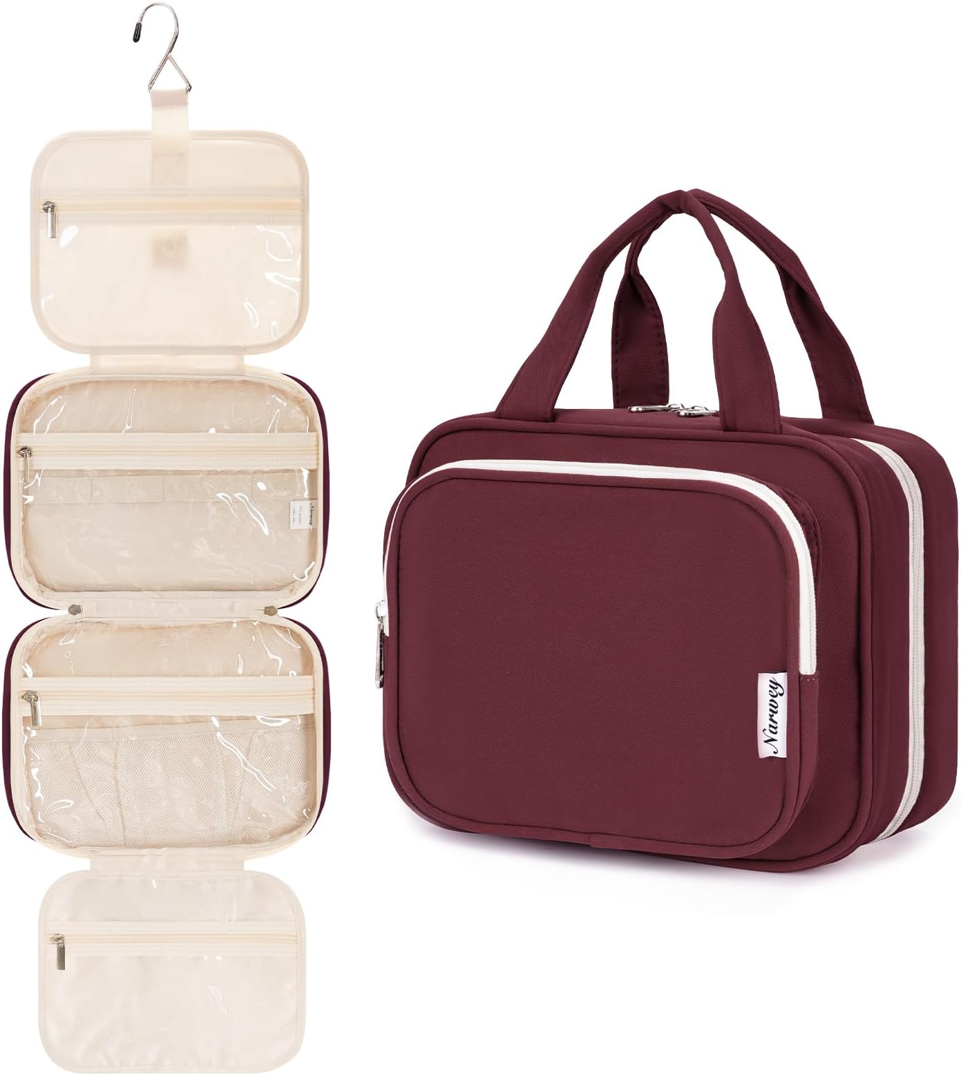 Narwey Hanging Toiletry Bag for Women Travel Makeup Bag Organizer Toiletries Bag for Travel Size Essentials Accessories Cosmetics (Wine Red (Medium))