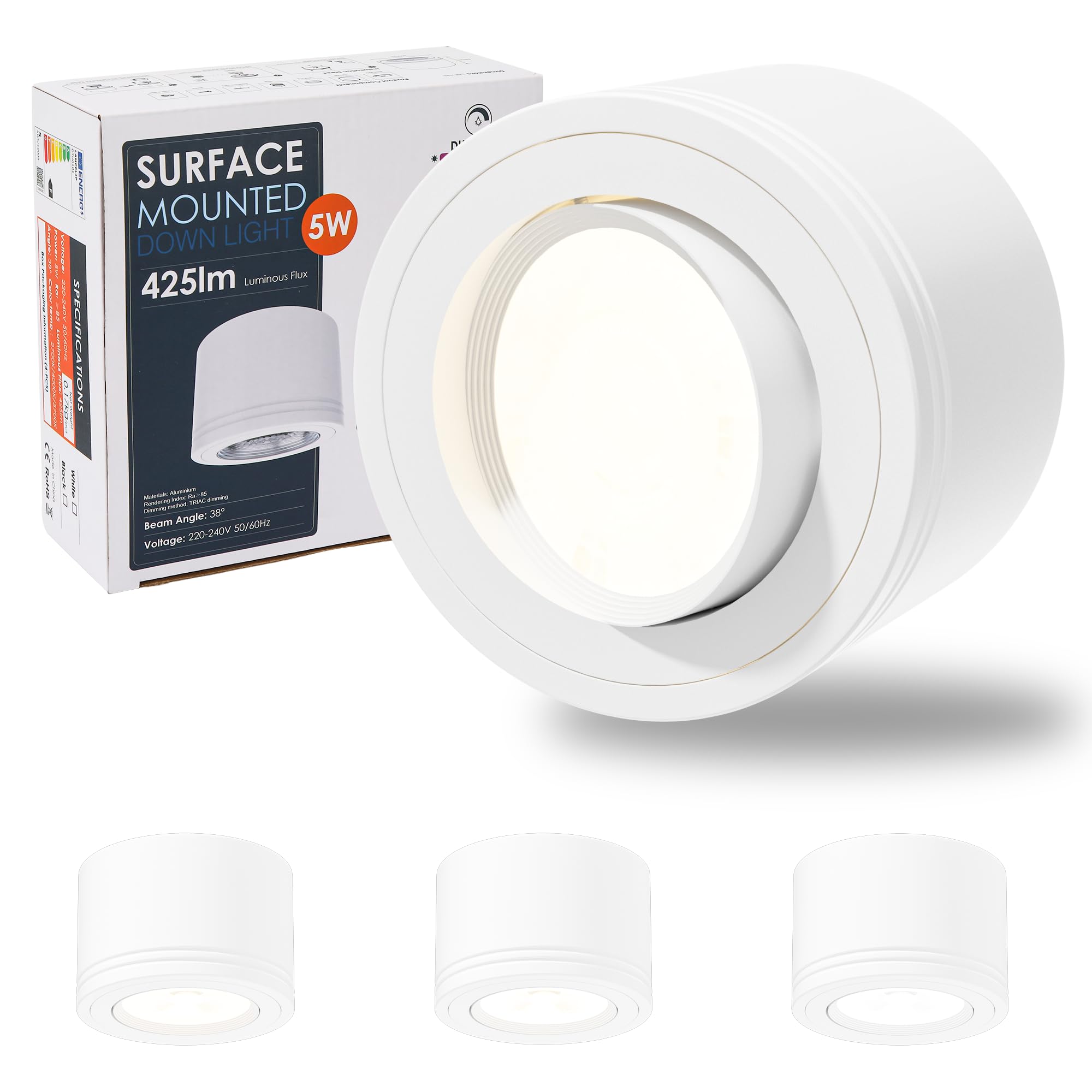 LAMPELIP LED Aufbauspots Weiß Dimmbar - Extra Flach & 30° Schwenkbar - Ø82x52mm Deckenspots inkl. 5W LED Modul 230V 2700K/4000K/5700K - Aufputz Deckenstrahler
