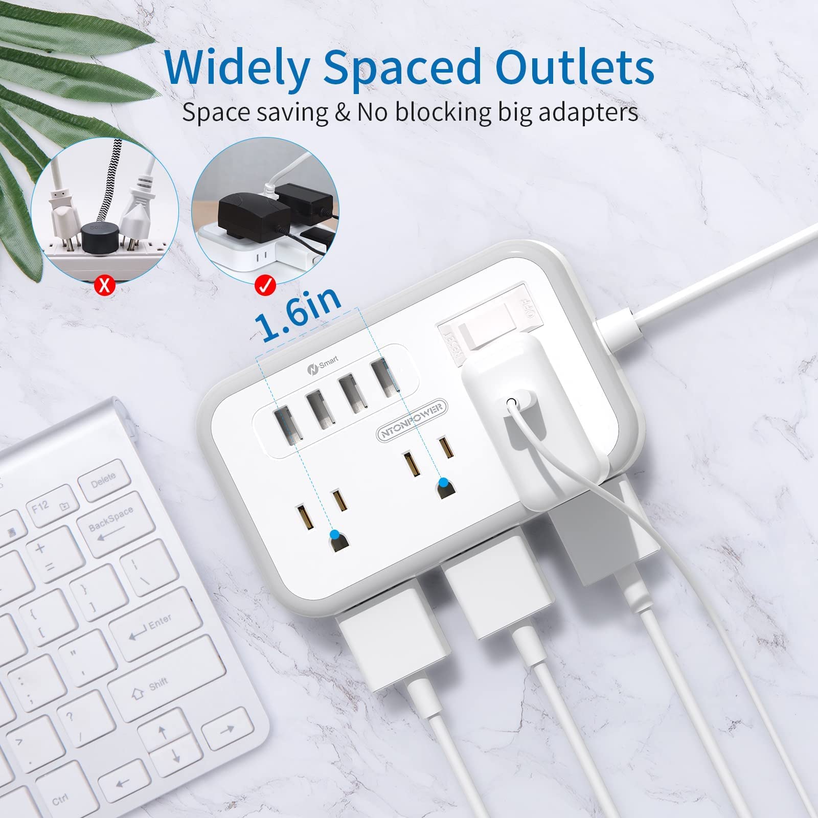 TROND Travel Power Strip With USB C, Flat Plug, 4 AC Outlets, 4 USB Ports, 5ft Extension Cord White