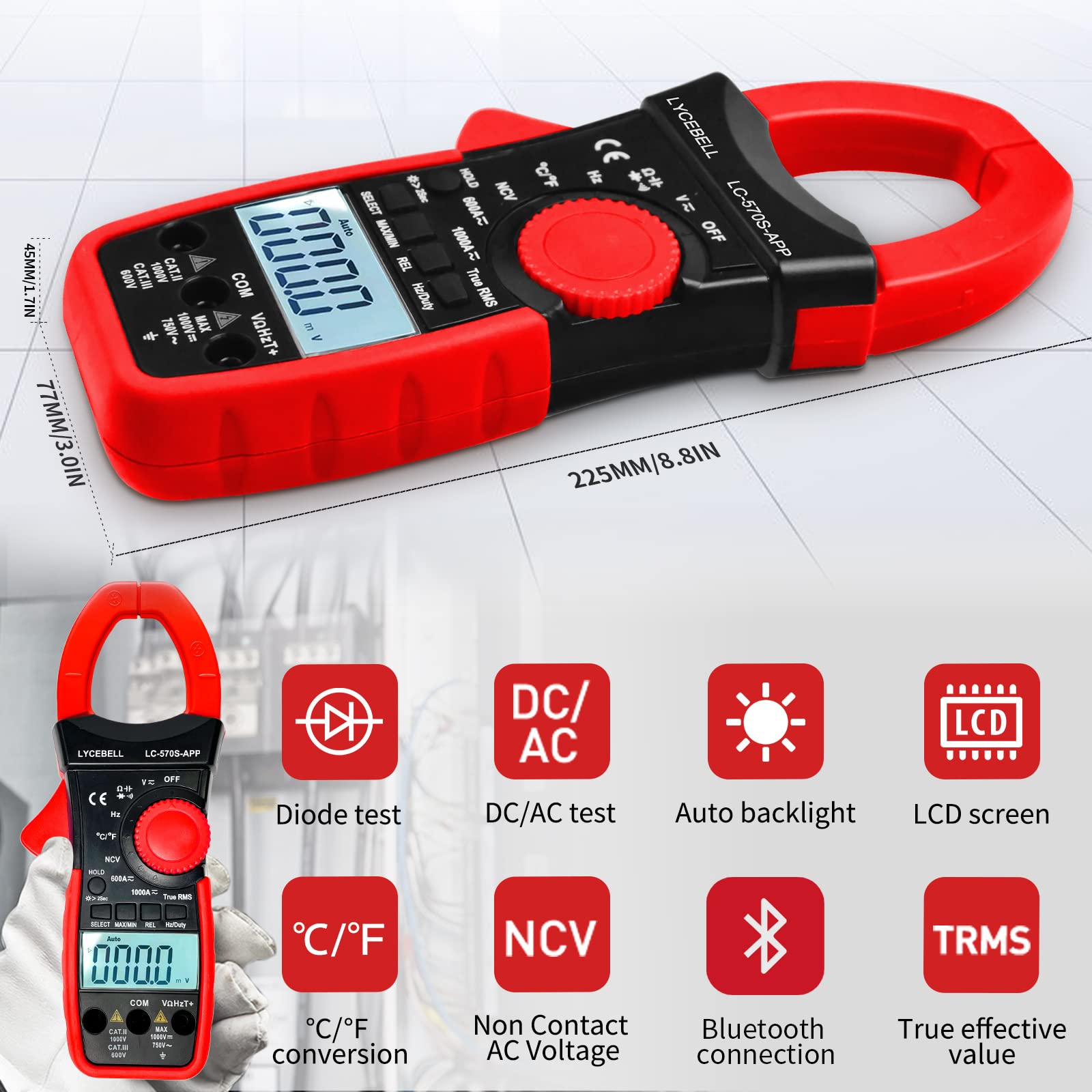 Cyfrowe szczypce prądowe, multimetr, LC-570S App True RMS cyfrowe szczypce prądowe, multimetr do napięcia AC/DC, prądu, oporu, nasadki, częstotliwości, temperatury, NCV z aplikacją przez
