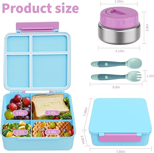 Miniatura 6 de Lonchera Bento para niños con contenedor térmico de alimentos (9 onzas), lonchera de 4 compartimentos, divisor ajustable, lonchera Bento a prueba de