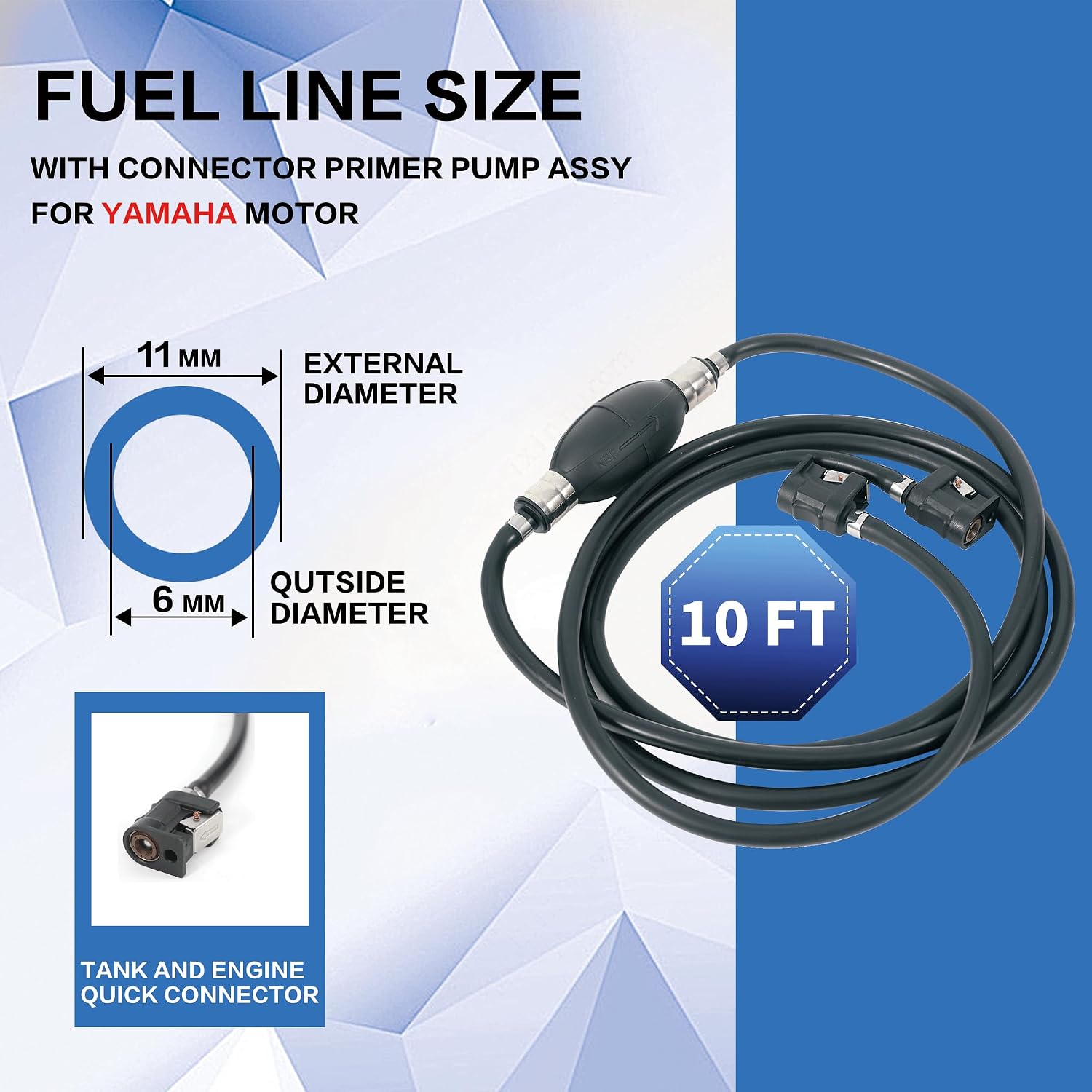 AMYBEST 1/4" 6mm Fuel Line Assembly, 10 FT Marine Outboard Boat Motor RVs Fuel Gas Line Hose Kit with Primer Bulb, Steel Hose Clamps and Connector, Compatible with Yamaha Outboard Motors (1/4" 6mm)