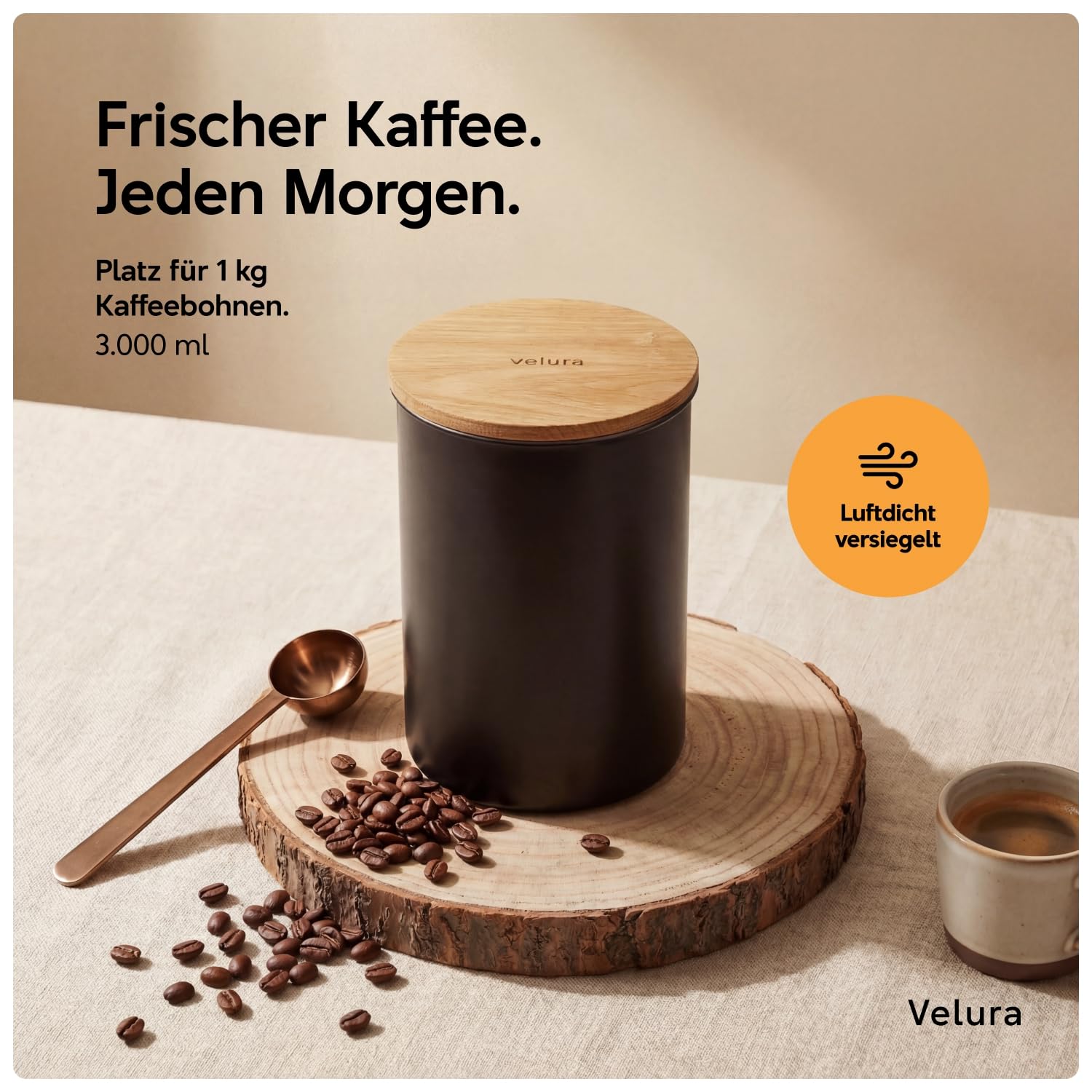 Velura Kaffeedose luftdicht 1kg – Edelstahl mit Holzdeckel, matt schwarz | 3000ml für Kaffeebohnen | Plastikfrei | LFGB-zertifiziert | Entwickelt in Österreich | Maße: 15cm Ø × 20,8cm H