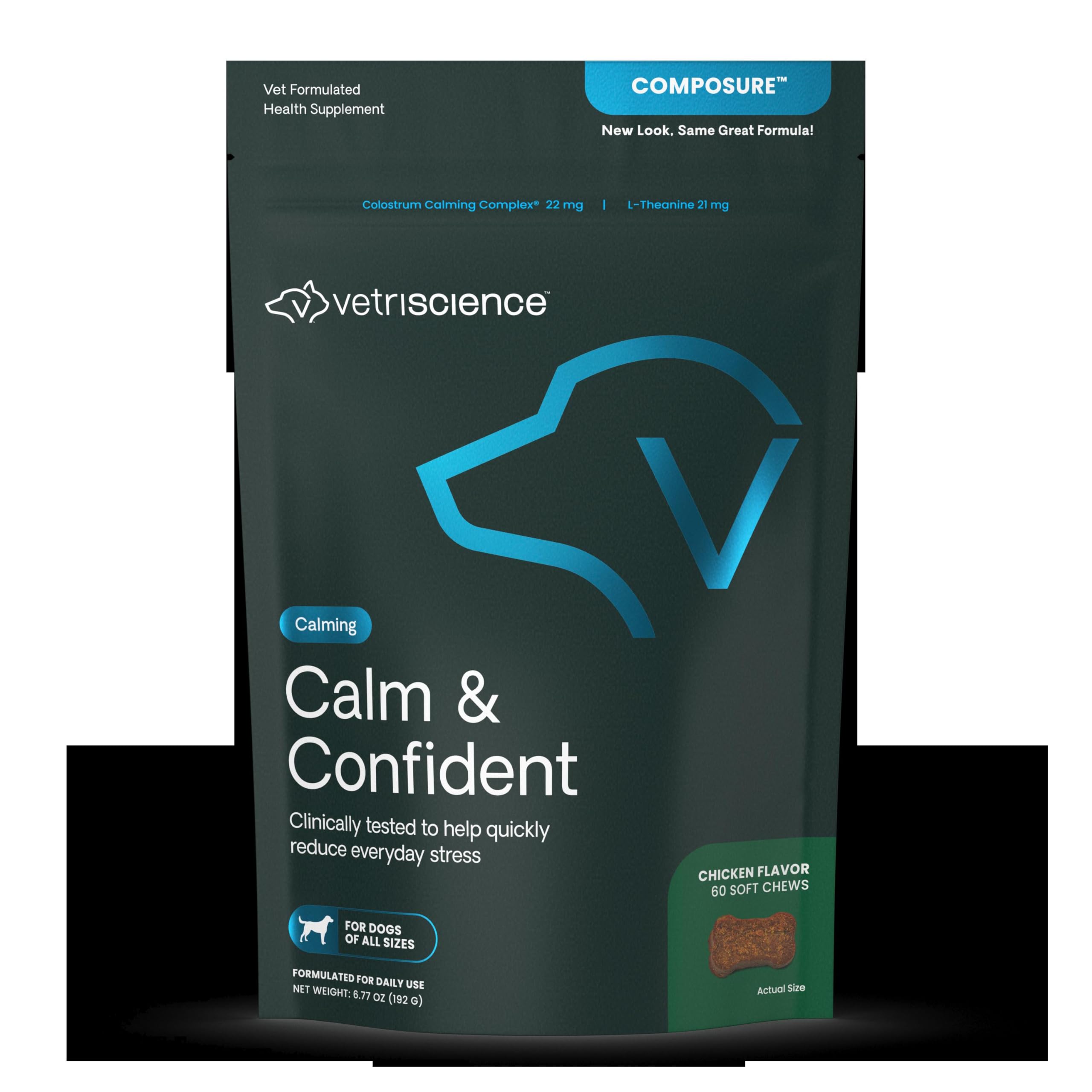 VetriScience Calm & Confident Chews, Composure Clinically Tested Calming and Anxiety Supplement for Dogs, Reduce Stress and Fear, Ideal for Thunderstorms, Fireworks and Travel, Chicken, 60 Count