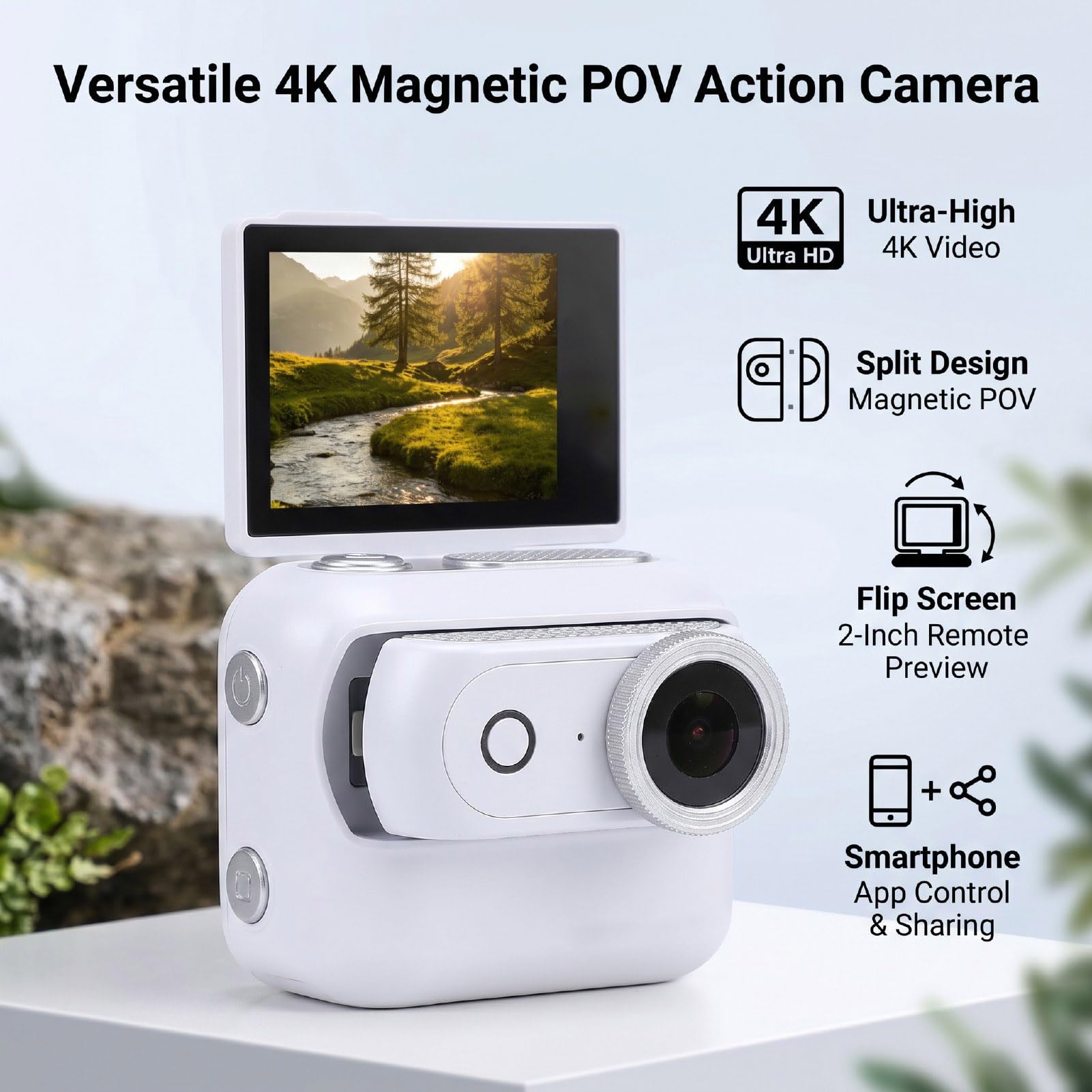 Cuifati Caméra d'action 4K, Conception Magnétique Détachable, Écran