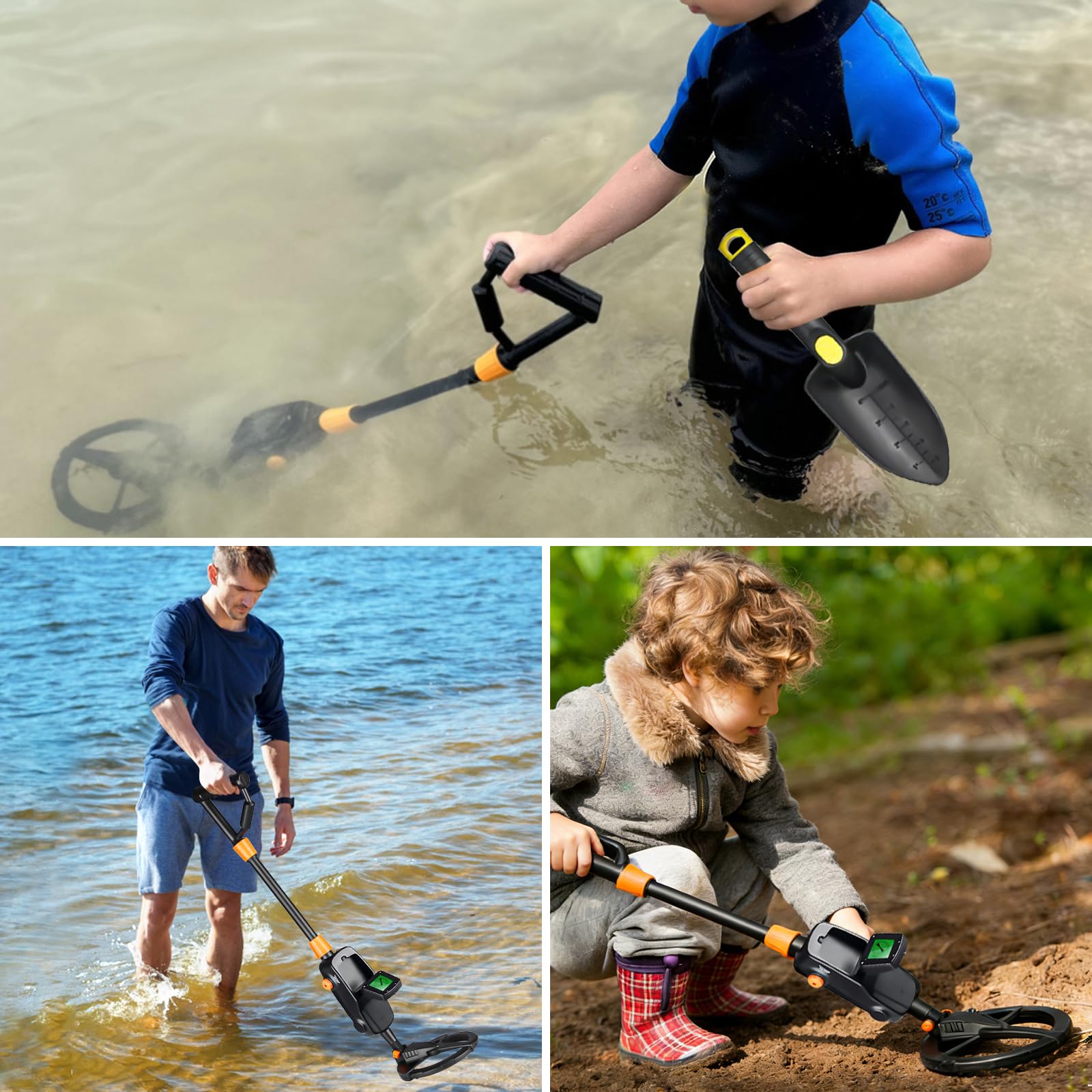 Metal Detector per Bambini, Display LCD e Indicatore Acustico, Ad Alta Sensibilità, con Pala, Rastrello e Borsa, per Regalo Principianti E Bambino