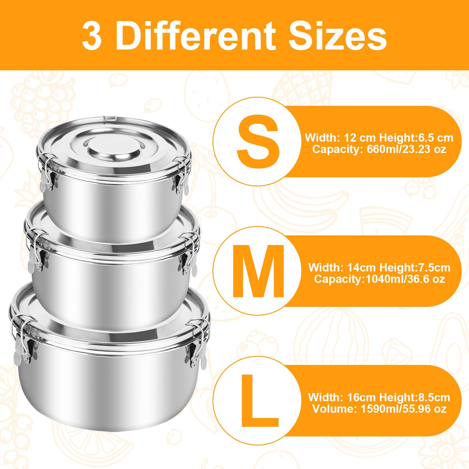 Contenitore in acciaio inox 304 per adulti e bambini, a prova di perdite, in acciaio inox, con coperchio per snack, frutta, cereali, zuppe (660/1040/1590 ml)