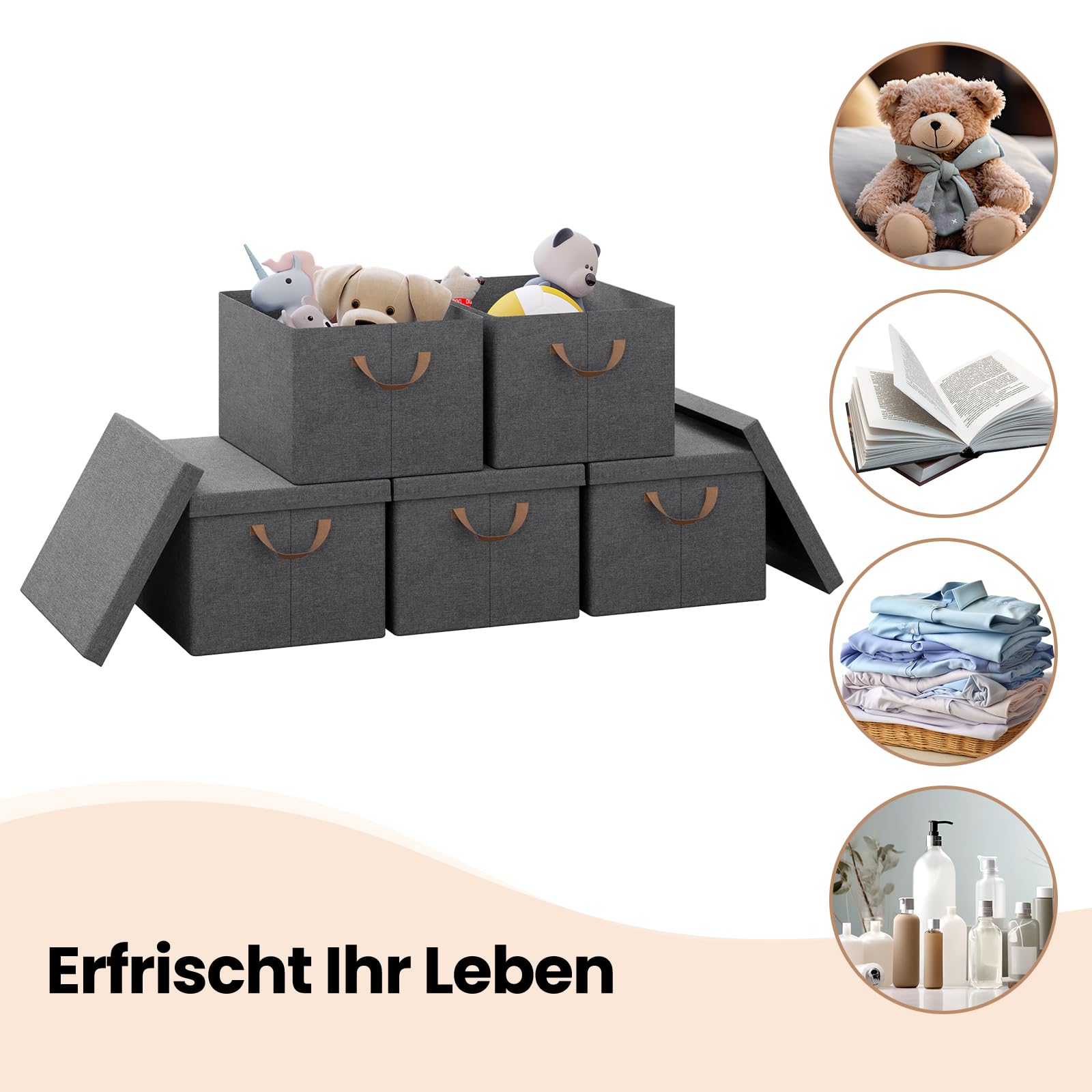 WOLTU Aufbewahrungsbox mit Deckel 5 Stück, aus Polyesterstoff, für Schlafzimmer, Arbeitszimmer, Wohnzimmer, Organizer Box mit Griffen, faltbar, Grau, 43x33x26 cm