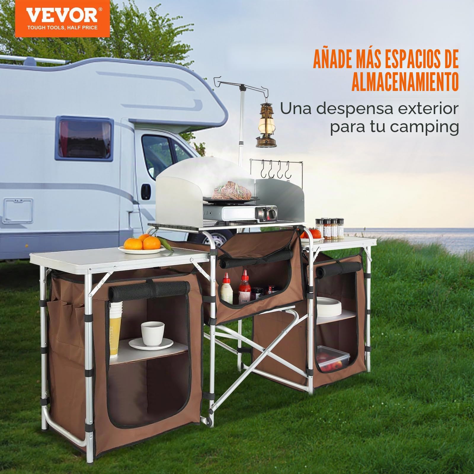VEVOR Mueble de Cocina para Camping 174x176x46 cm Armario de Camping Plegable Portátil Estructura de Aluminio Altura Ajustable Mesa de cocina para acampar con Bolsa de Transporte para Barbacoa Pícnic