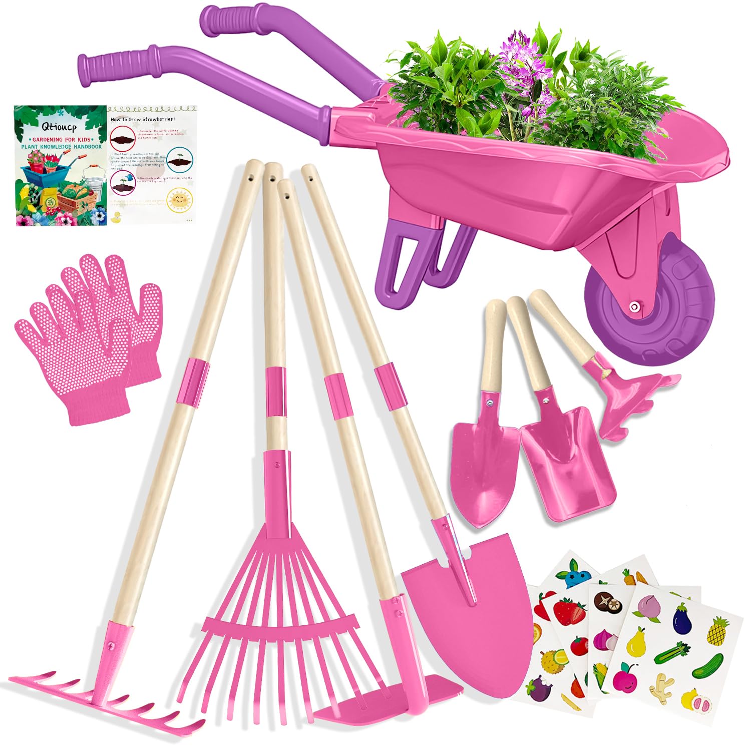 Qtioucp Childrens Gardening Tools Outdoor Toys Set Backyard Play with Wheelbarrow Educational STEM Learning Pretend Toys Outdoor Indoor for ChIid Boys Girls