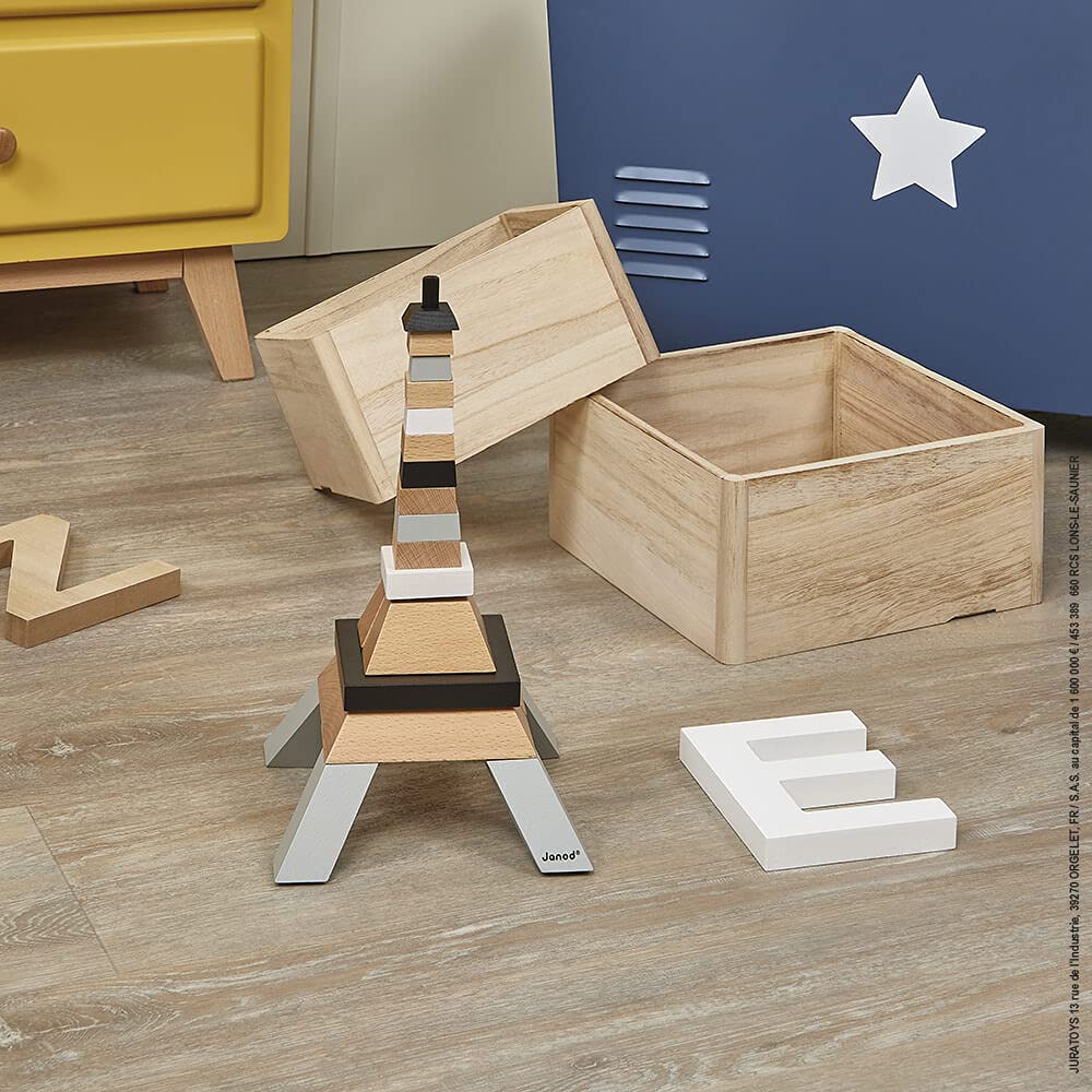 Janod - 21-Piece Buildable Wooden Eiffel Tower - Building Game - Fine Motor Skills and Concentration - Solid Beech Wood - FSC Certified - Water-Based Paint - From 6 years old, J08303