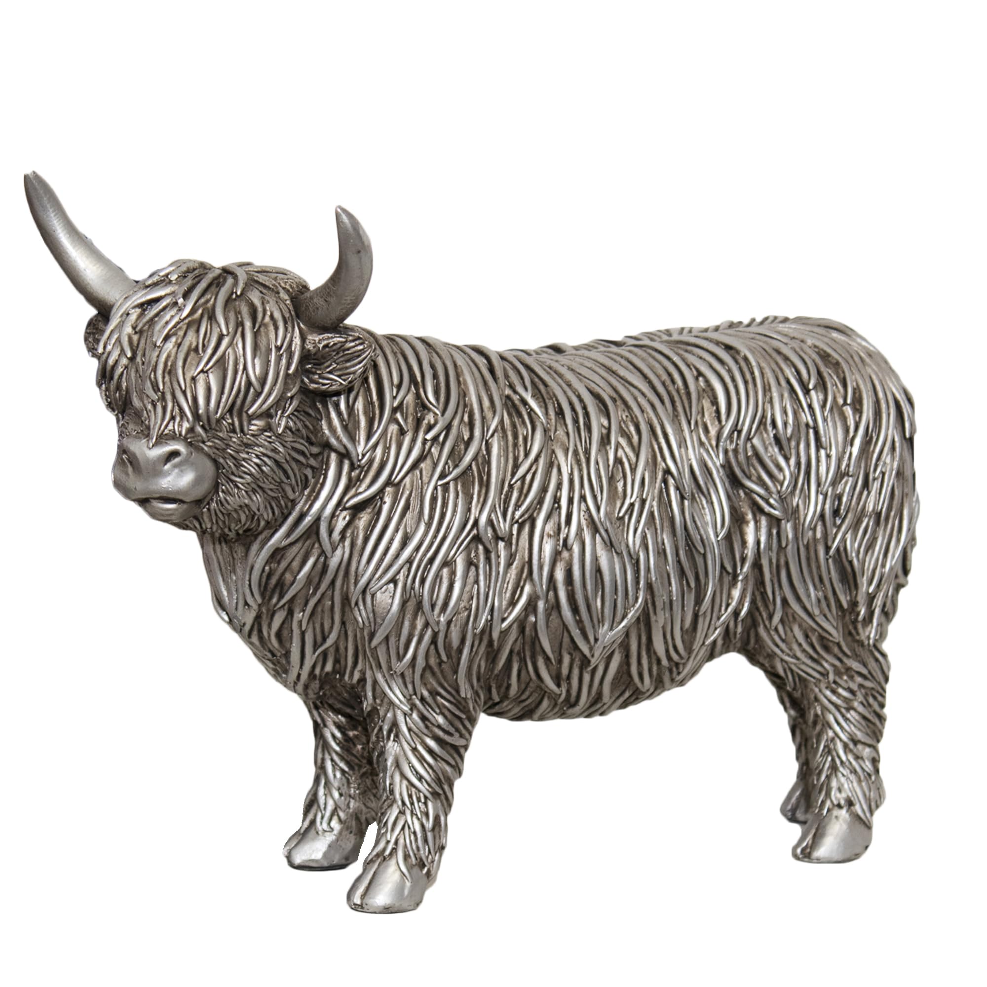 Darthome Silver Highland Cow Ornament, Standing Resin Figurine, Silver, 25 cm x 17 cm, Indoor Decorative Statue
