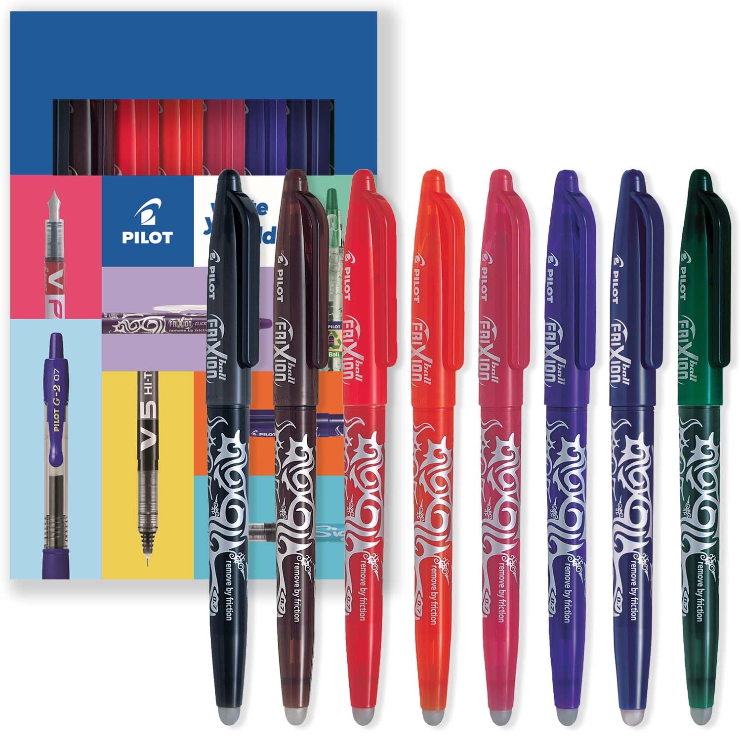 PILOT Frixion Heat/Friction Erasable Rollerball Pen FR7 - Medium Line 0.7mm Tip Nib - Range Pack - Pack of 8 in Envelope Gift Packaging