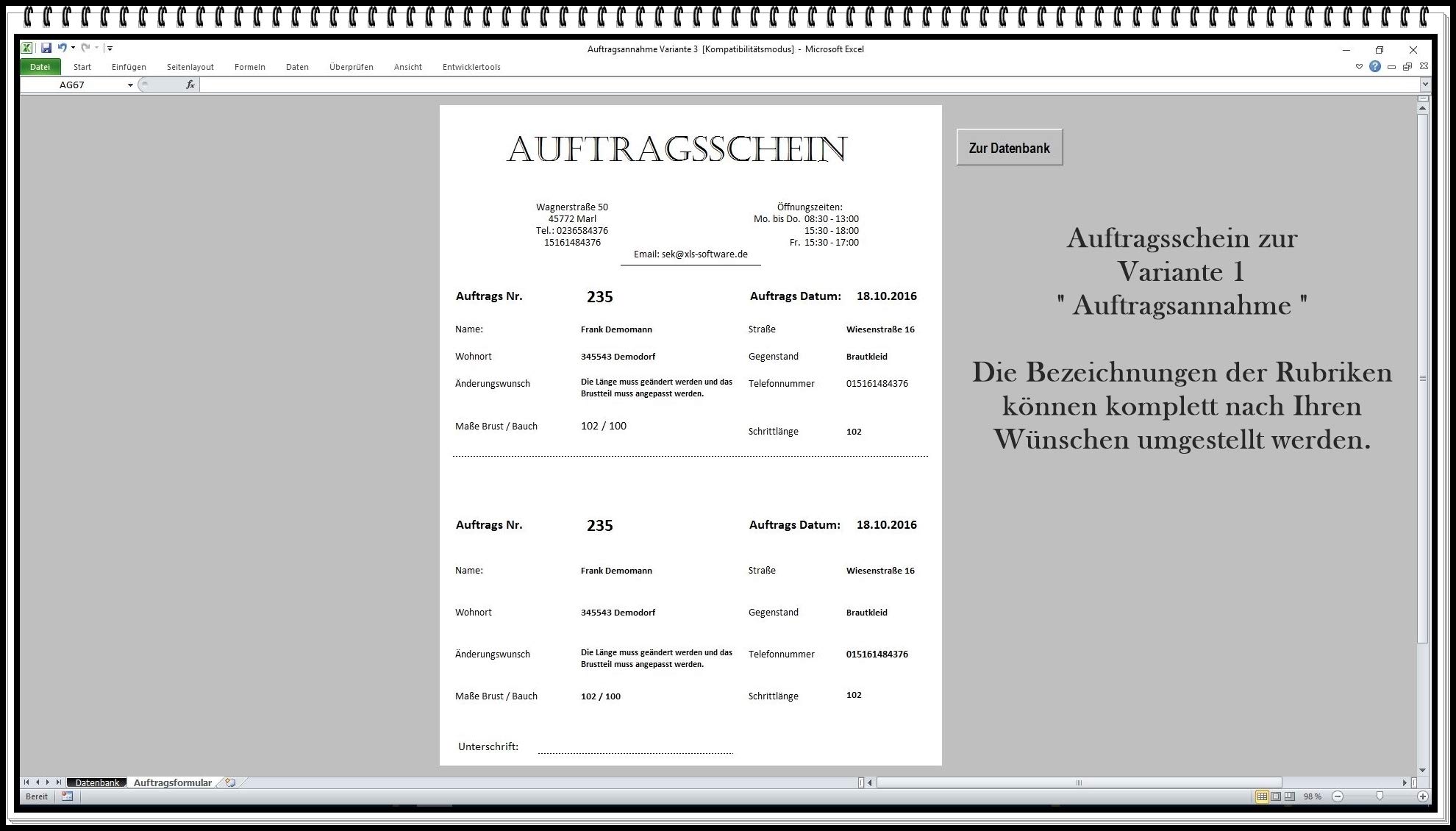 Auftragsverwaltung mit Abholschein für Excel inkl. Rechnungsvorlage | Kundenverwaltung, Auftragsannahme