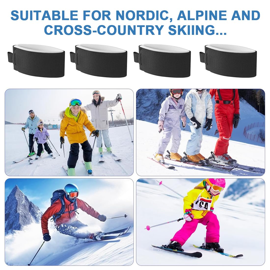 4 Cinghia da Sci e Snowboard, Cinghie Regolabili per Trasporto Attrezzatura, Fascette per Sci Nylon con 1 Protezioni per Bastoncini Da Sci, per Sciatori Principianti e Esperti, Escursionismo