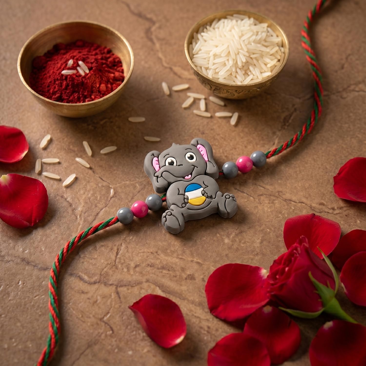 DeoDap Kids Rakhi Gift Set β 2 Cute Elephant Designer Rakhis with Rich Panda Strawberry Biscuits 60g, Silver Color Coin, Tilak Set & Greeting Card | Raksha Bandhan Gift for Boys 2