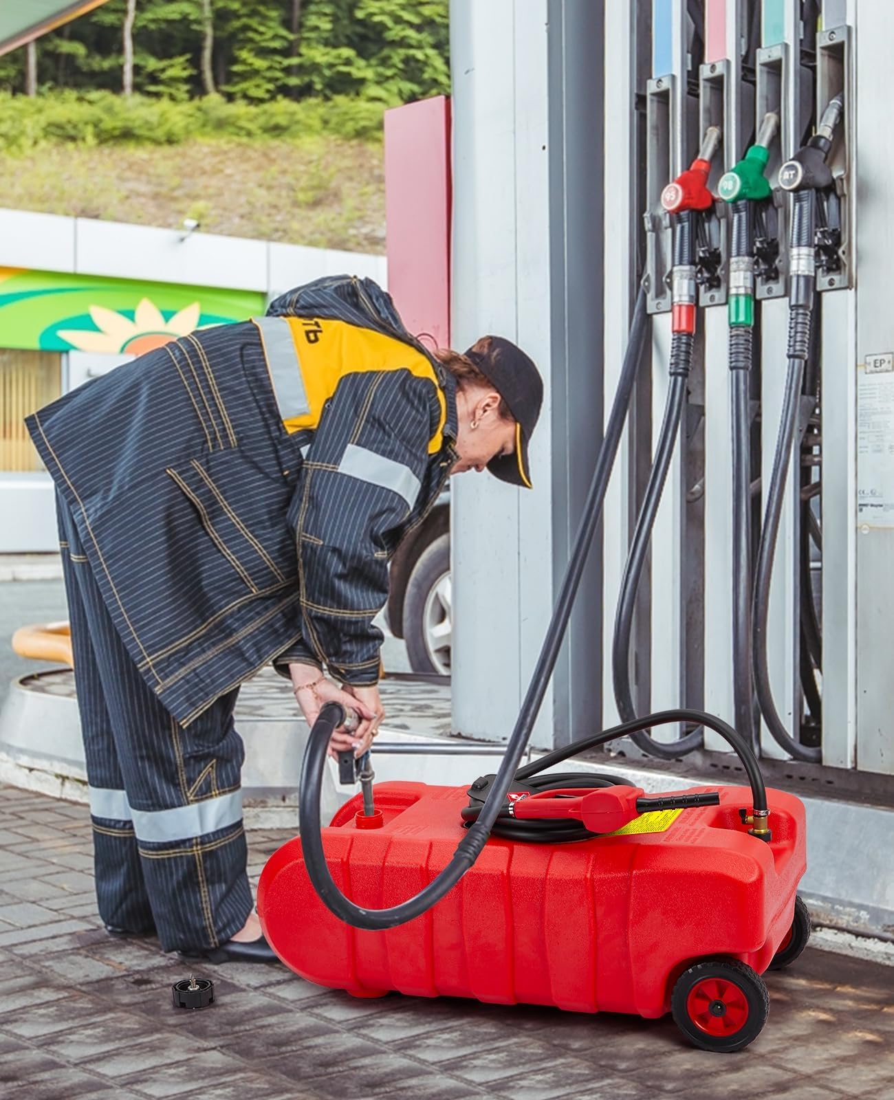 Chariot à carburant 15 gal (57 L) sur roues – Pompe manuelle de transfert, tuyau 3 m (10 ft), réservoir étanche essence/carburant pour auto/bateau/tondeuse/ATV – Rouille