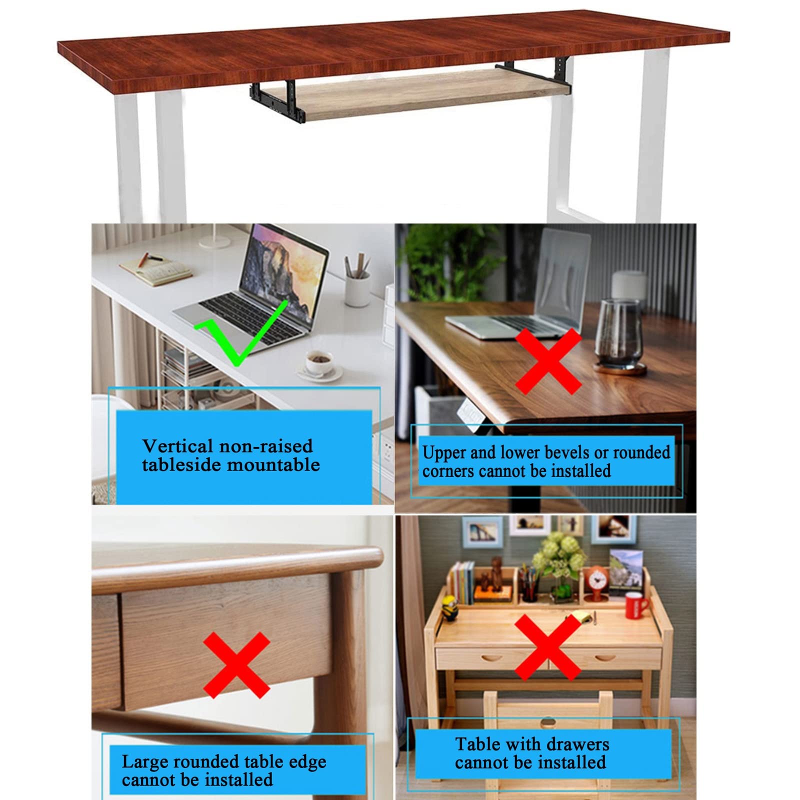 Bandeja de teclado ajustable para debajo del escritorio, estante deslizante para teclado, 54/60/70 x 27 cm, plataforma antideslizante, perfecta para escribir LAN, diseño de ahorro de espacio, fácil