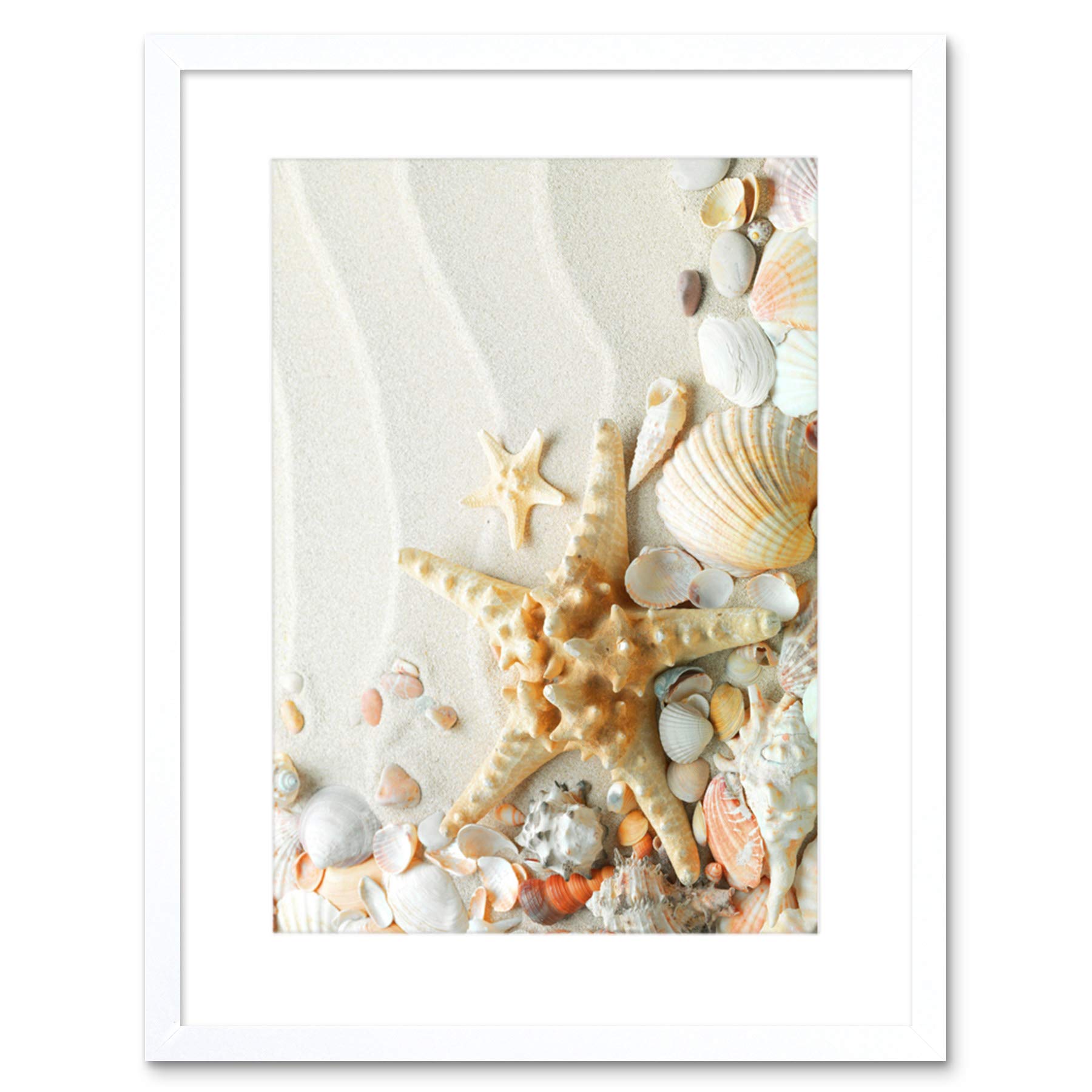 Wee Blue Coo Photo Sand Starfish Seashells Beach Summer Framed Wall Art Print