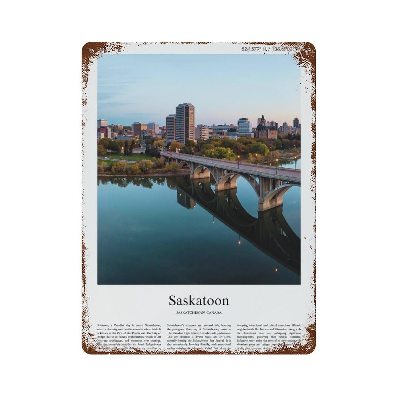 xiaoxiaoshen Saskatoon Saskatchewan, Canada City Scenery Wall Decor Art Metal Tin Poster Modern Home Decor Art Home Bar Shop Decorations Vintage Sign 40x30cm